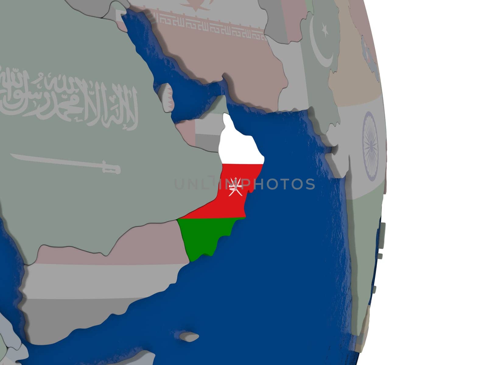 Map of Oman with its flag on globe. 3D illustration