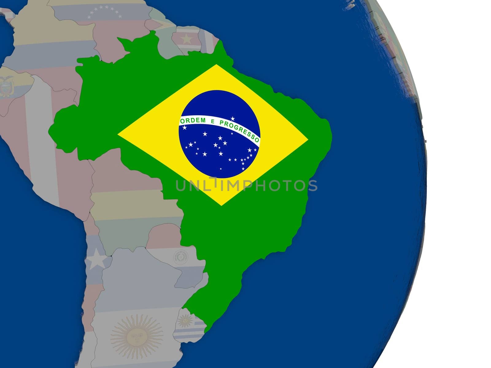 Map of Brazil with its flag on globe. 3D illustration
