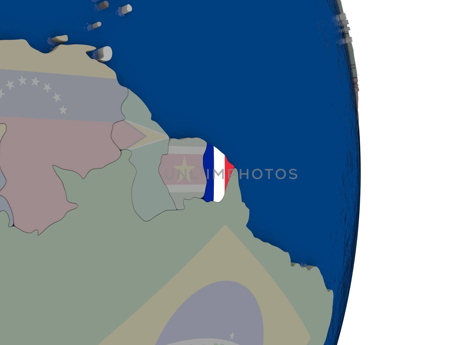 Map of French Guiana with its flag on globe. 3D illustration
