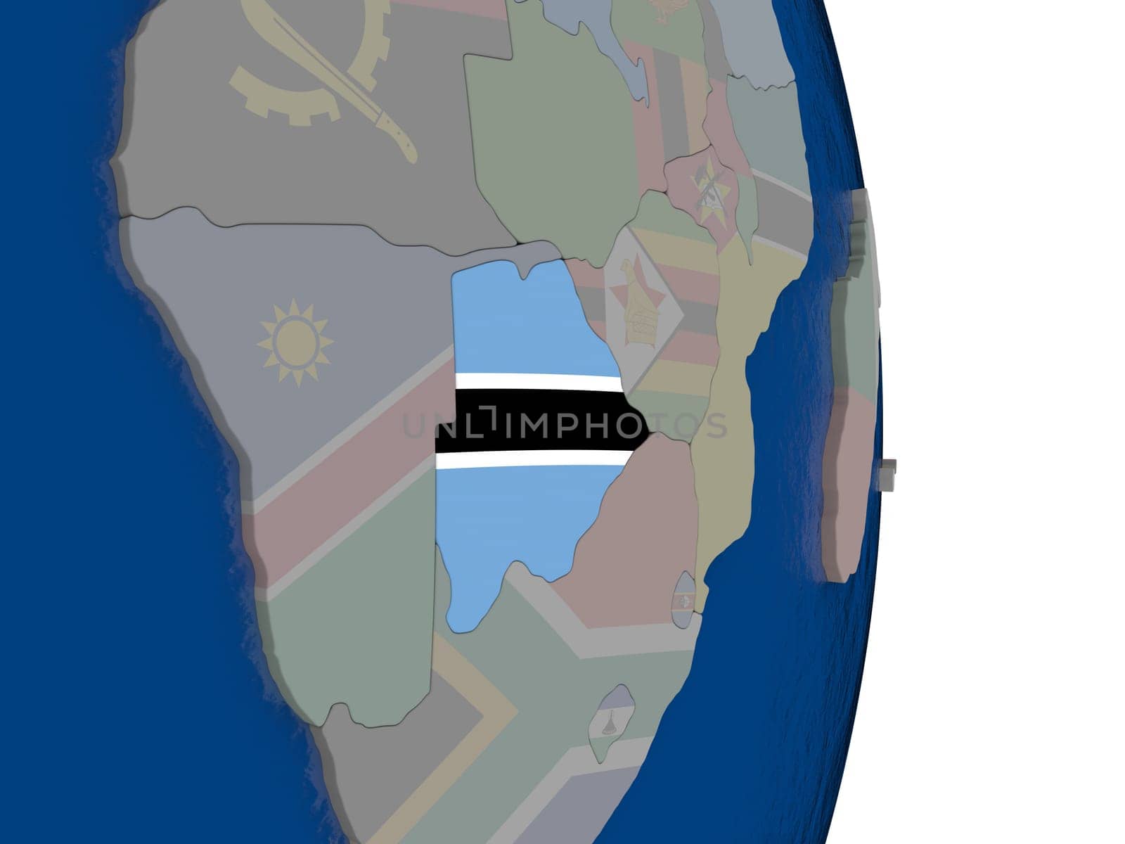 Map of Botswana with its flag on globe. 3D illustration