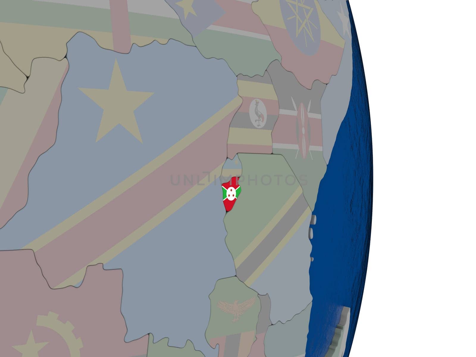 Map of Burundi with its flag on globe. 3D illustration