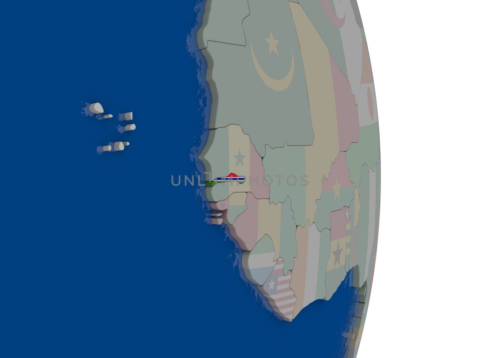 Map of Gambia with its flag on globe. 3D illustration