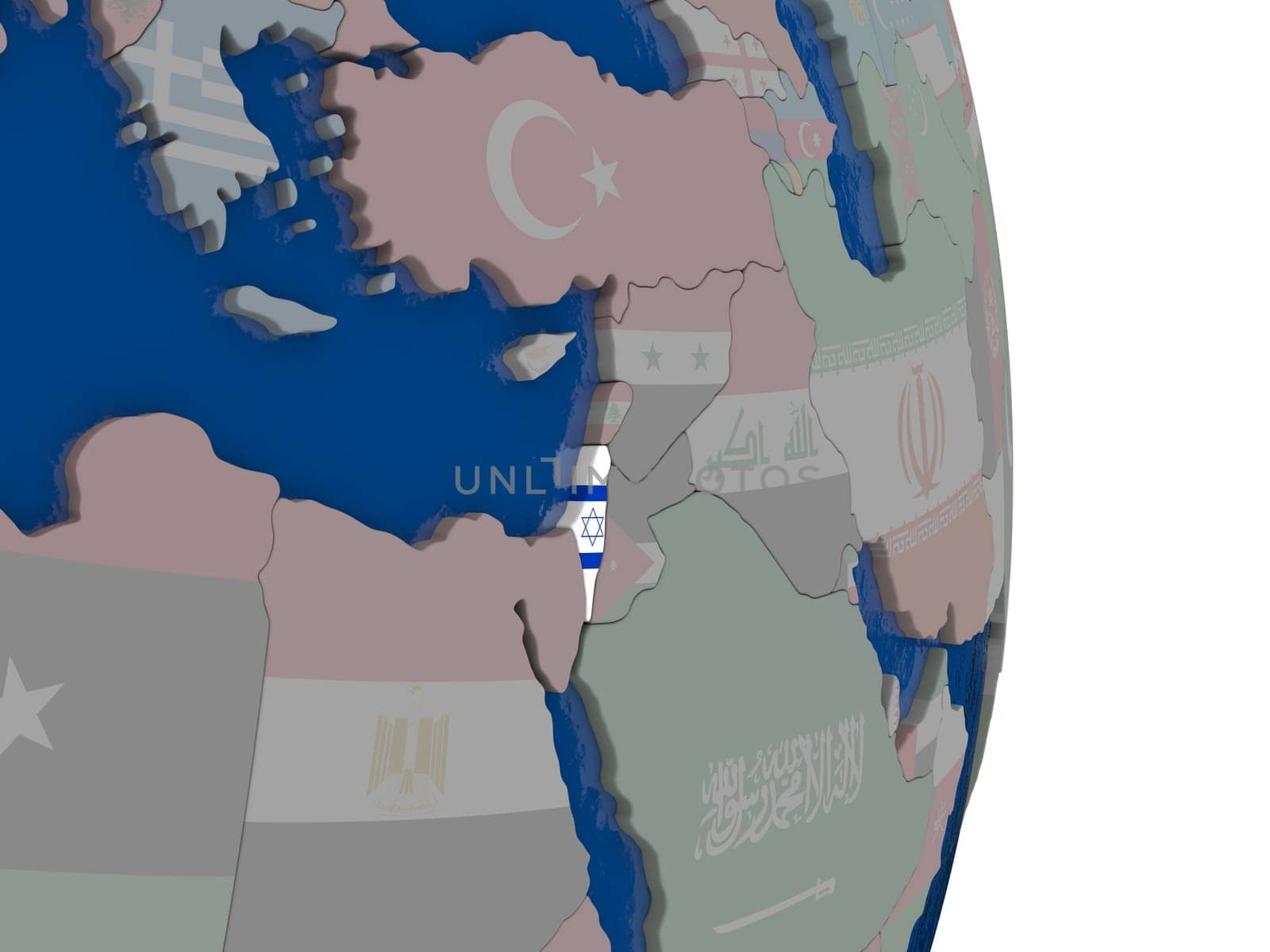 Map of Israel with its flag on globe. 3D illustration