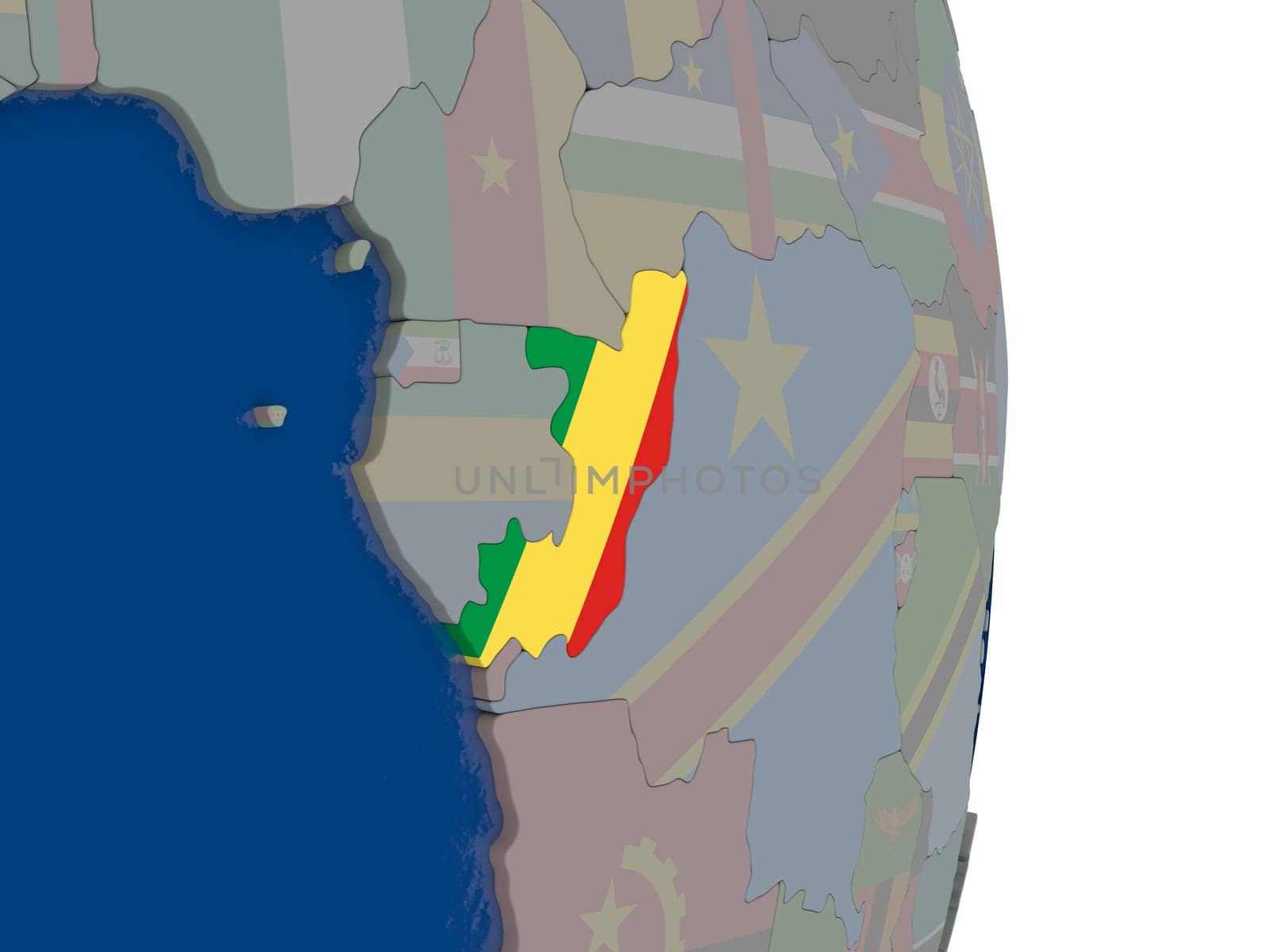 Map of Congo with its flag on globe. 3D illustration
