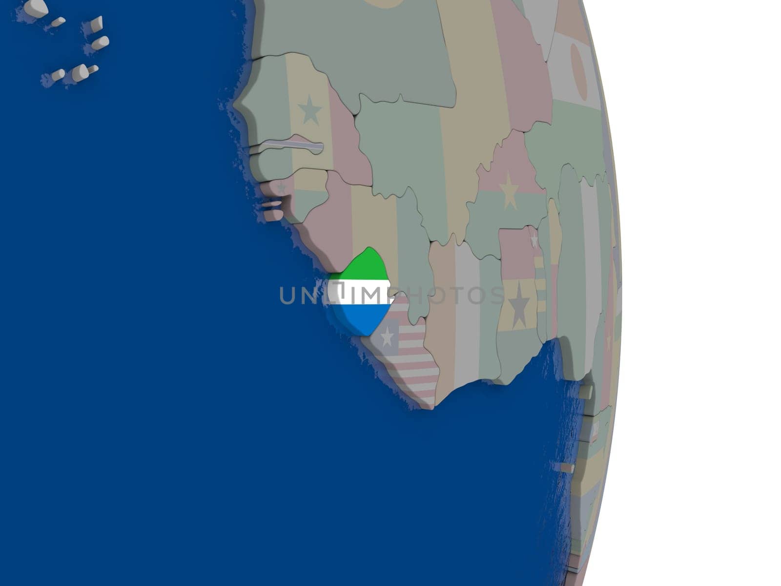Map of Sierra Leone with its flag on globe. 3D illustration