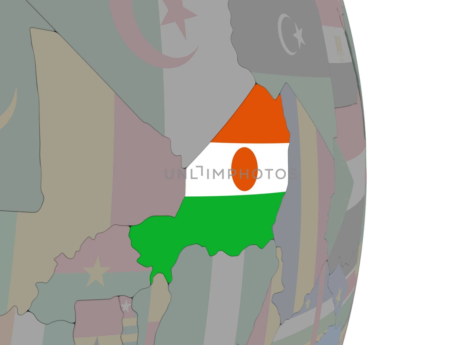 Map of Niger with its flag on globe. 3D illustration