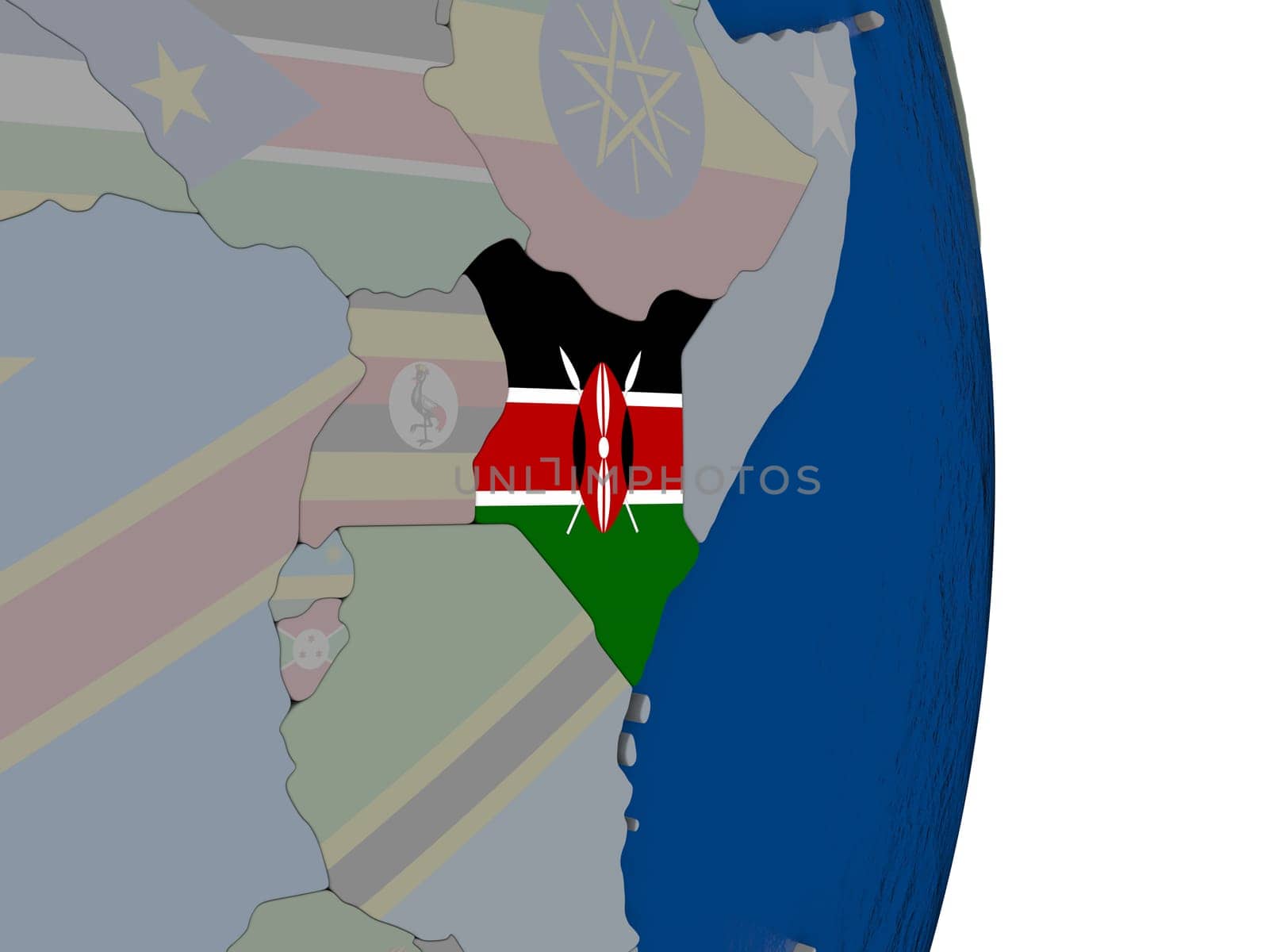 Map of Kenya with its flag on globe. 3D illustration
