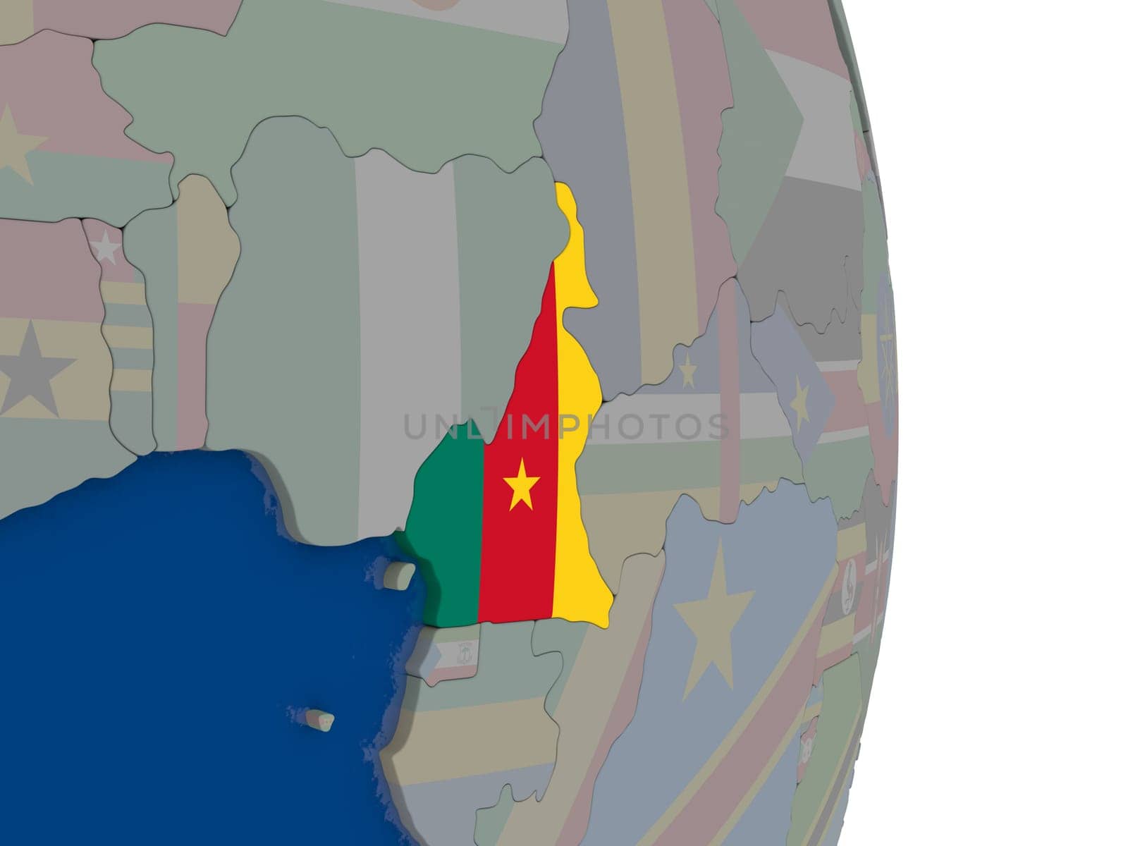 Map of Cameroon with its flag on globe. 3D illustration