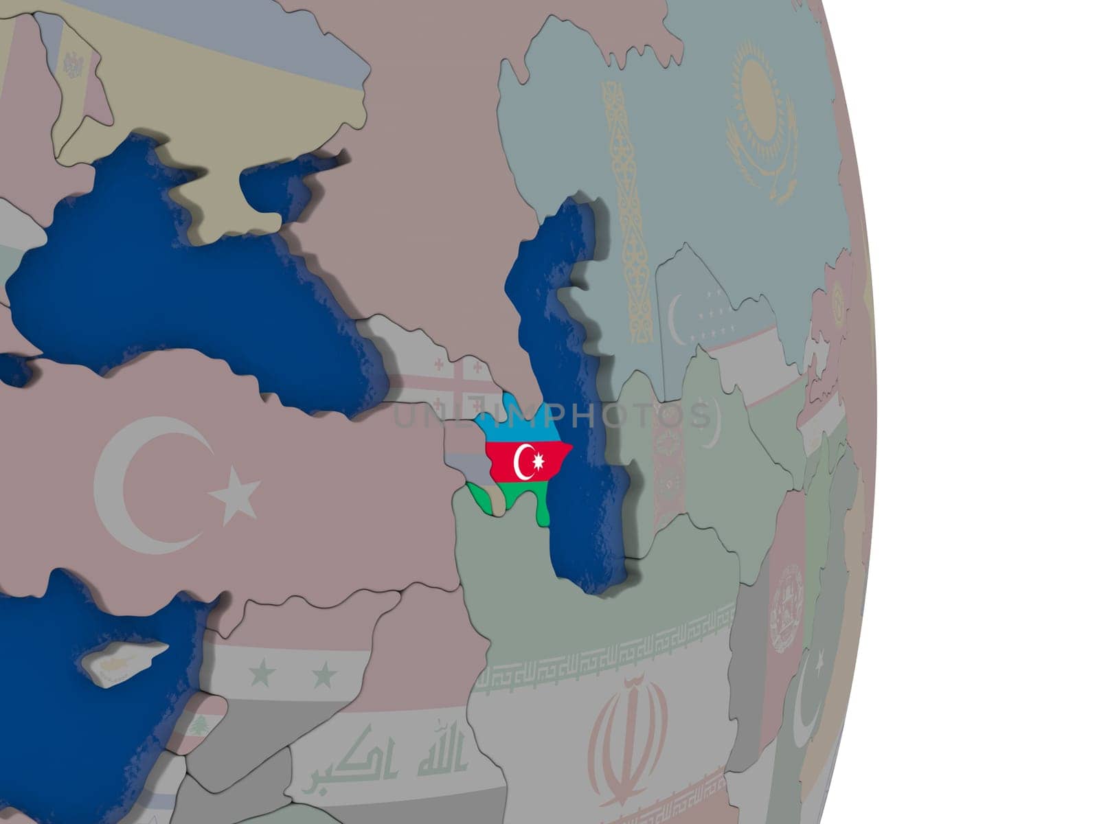 Map of Azerbaijan with its flag on globe. 3D illustration