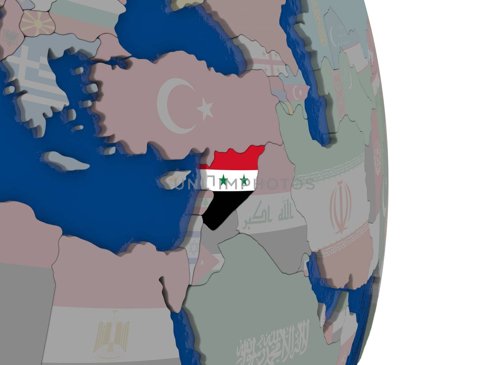 Map of Syria with its flag on globe. 3D illustration