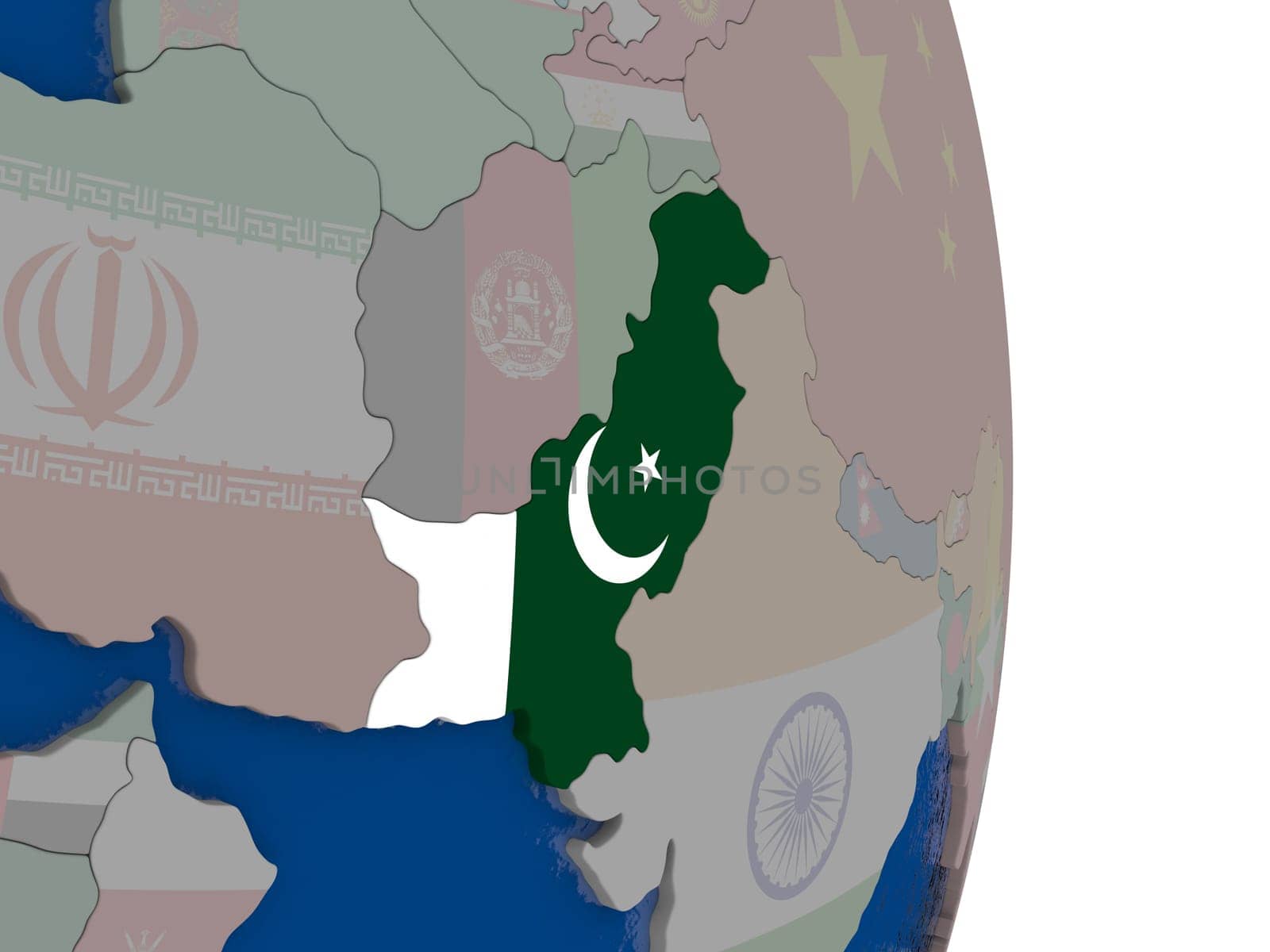 Map of Pakistan with its flag on globe. 3D illustration