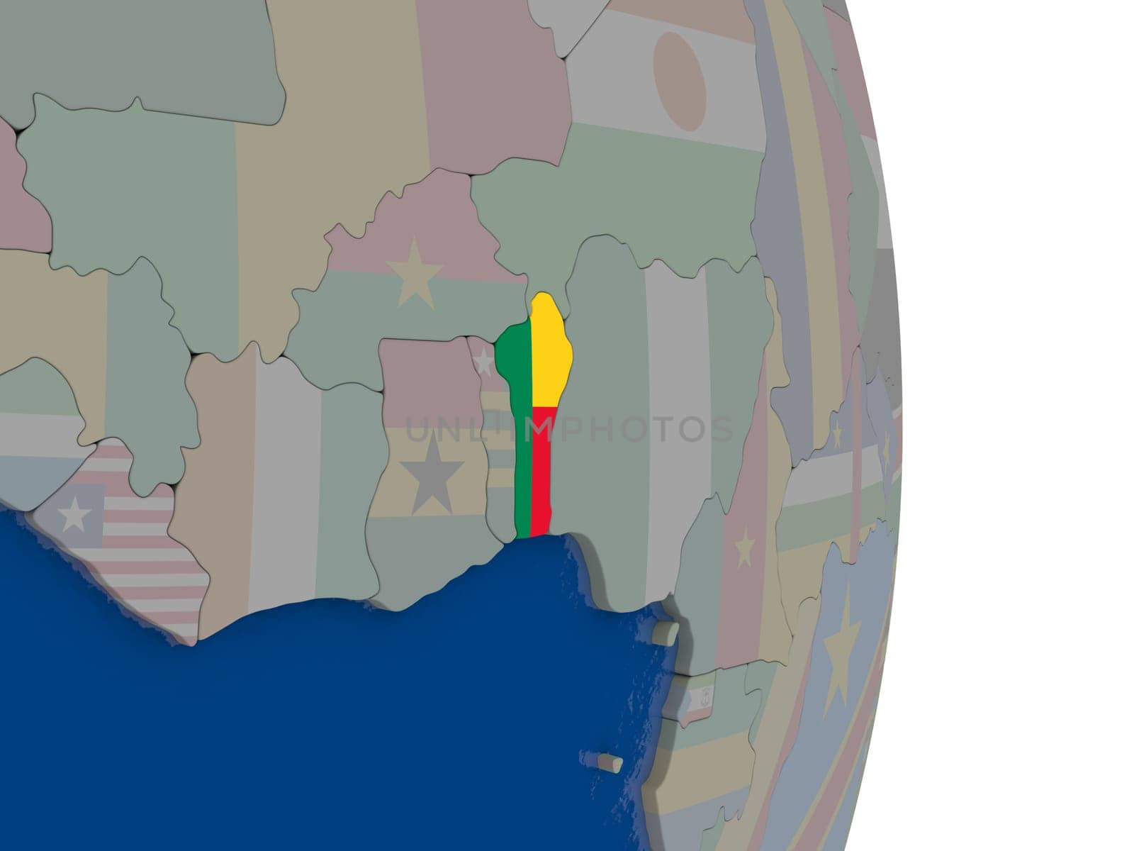 Map of Benin with its flag on globe. 3D illustration