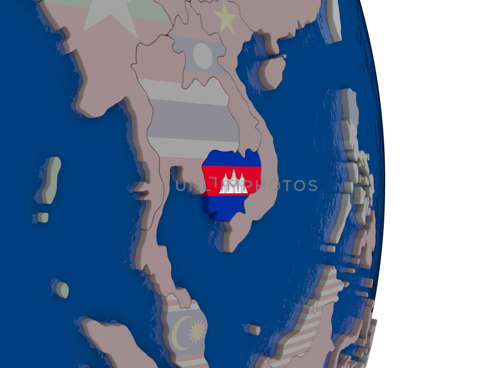Map of Cambodia with its flag on globe. 3D illustration