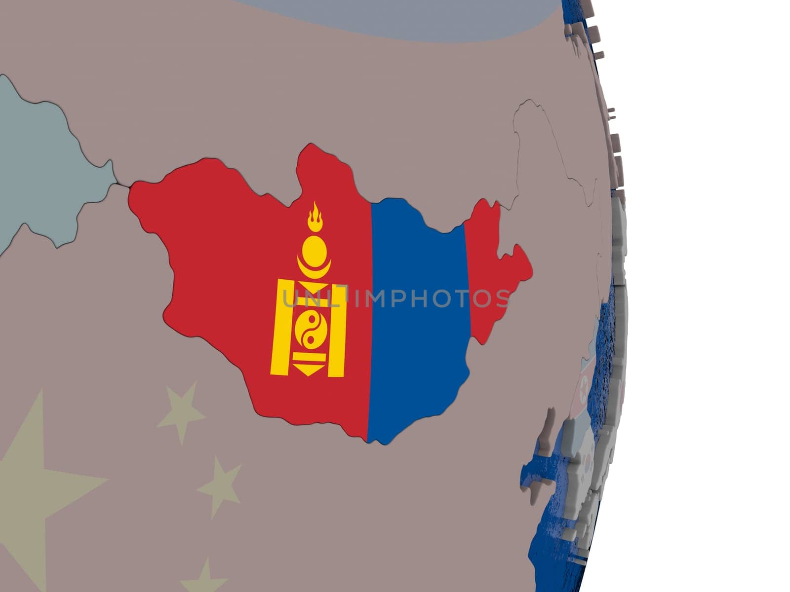 Map of Mongolia with its flag on globe. 3D illustration