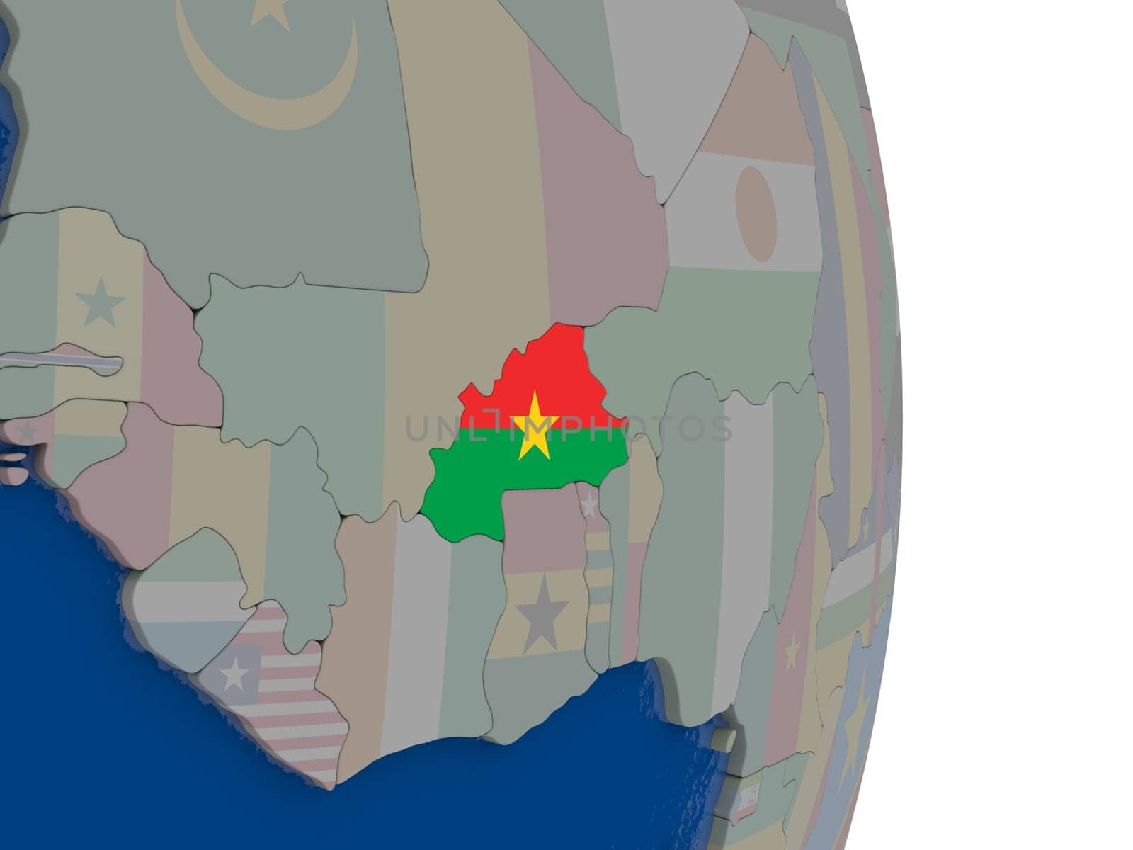 Map of Burkina Faso with its flag on globe. 3D illustration