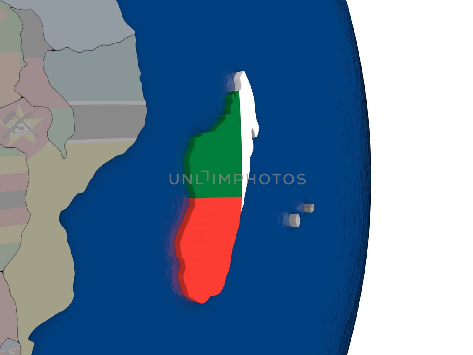 Map of Madagascar with its flag on globe. 3D illustration