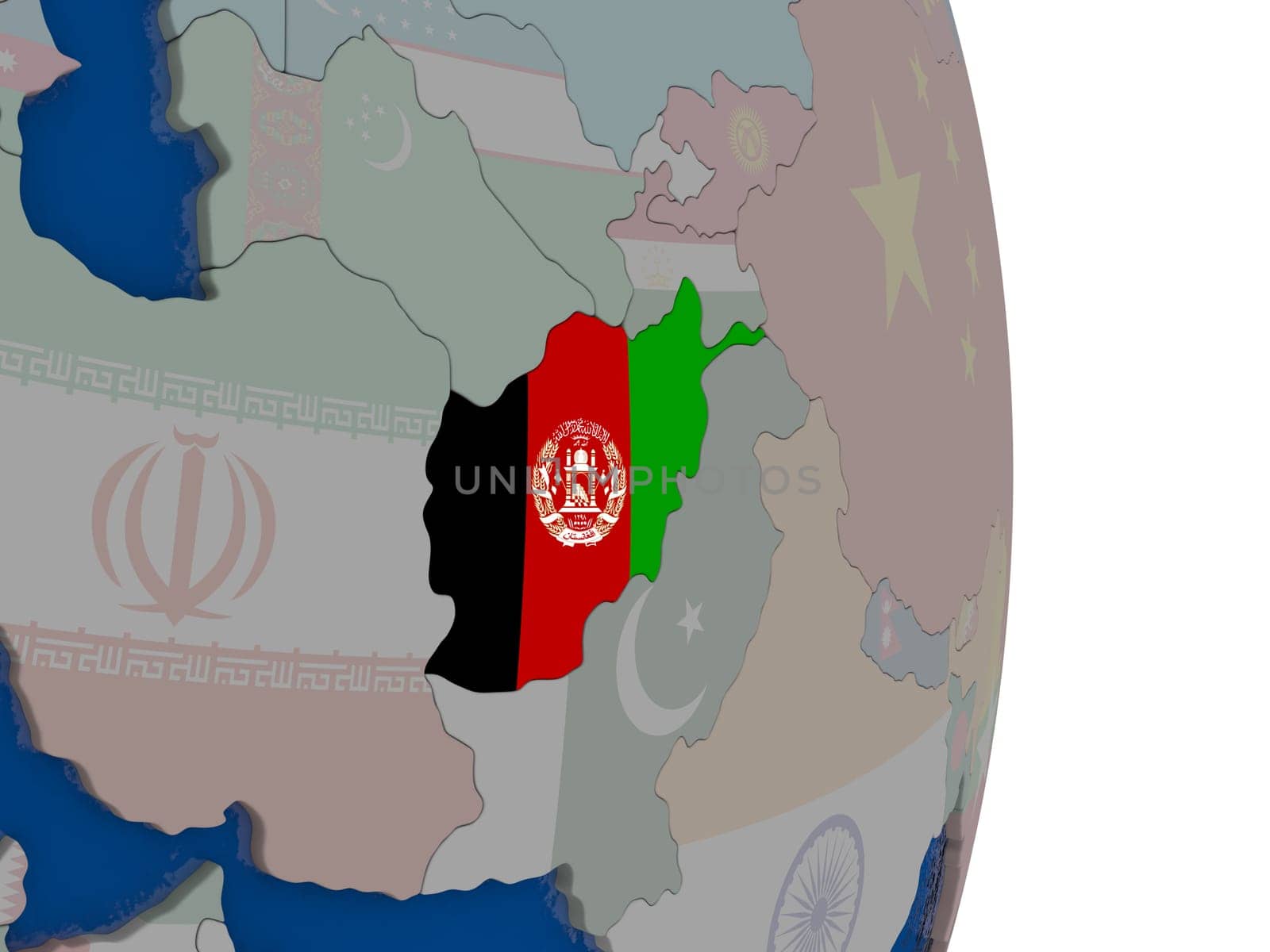 Map of Afghanistan with its flag on globe. 3D illustration