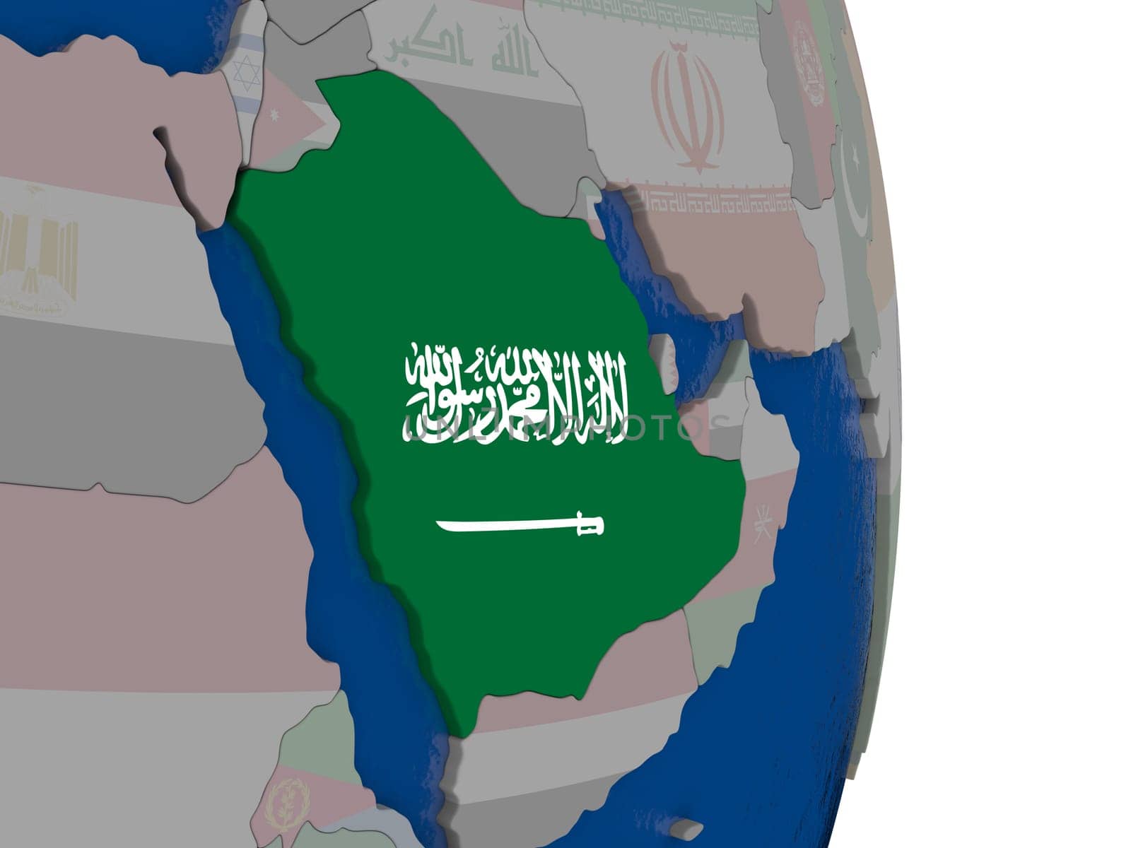 Map of Saudi Arabia with its flag on globe. 3D illustration