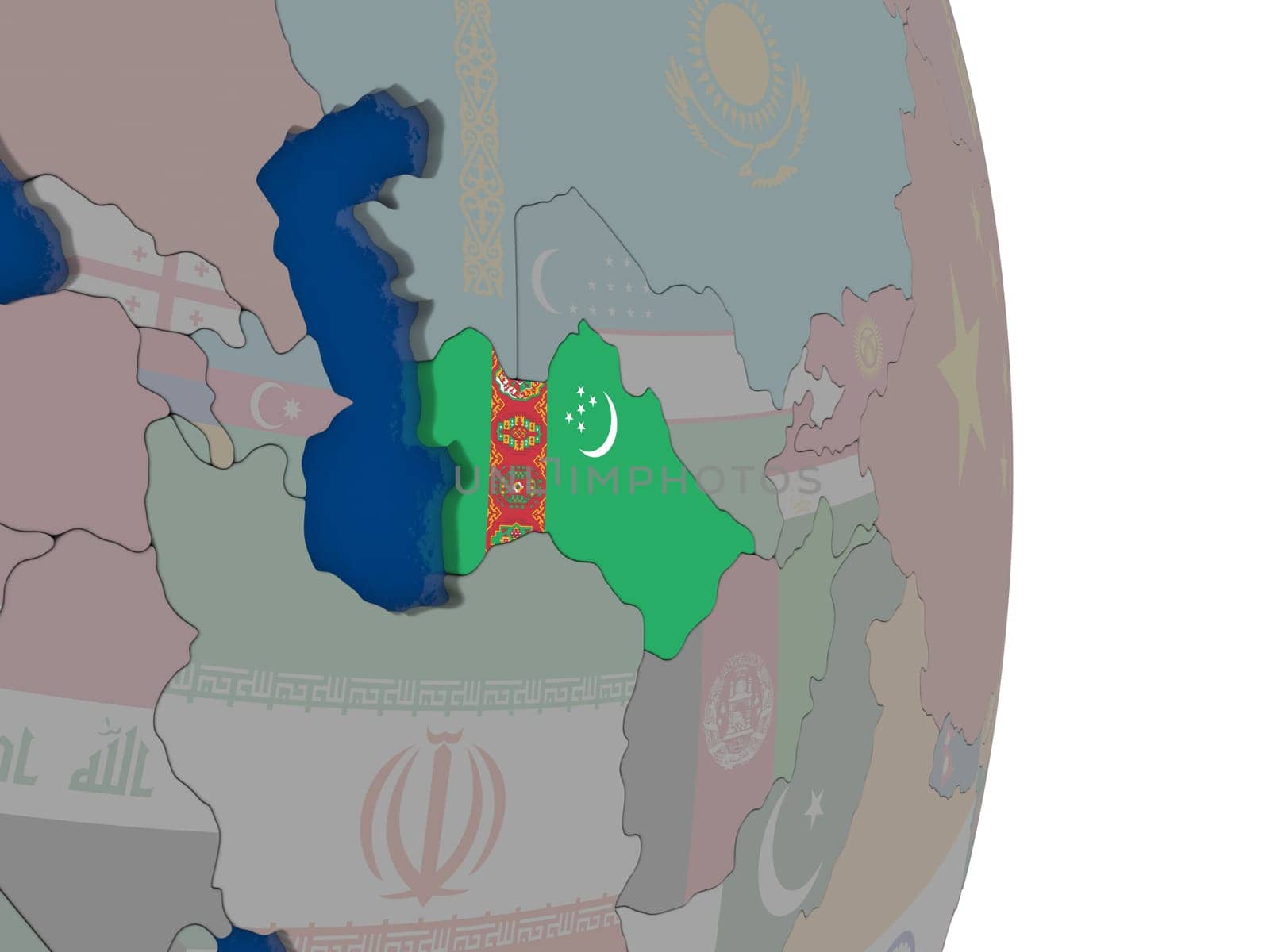 Map of Turkmenistan with its flag on globe. 3D illustration