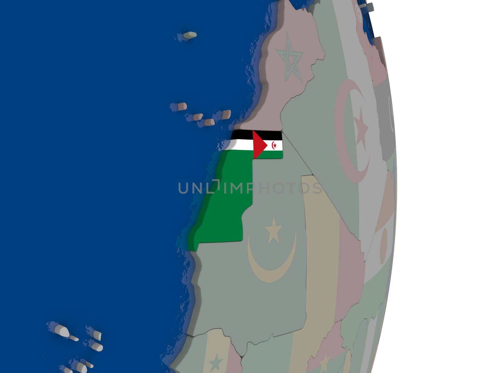Map of Western Sahara with its flag on globe. 3D illustration