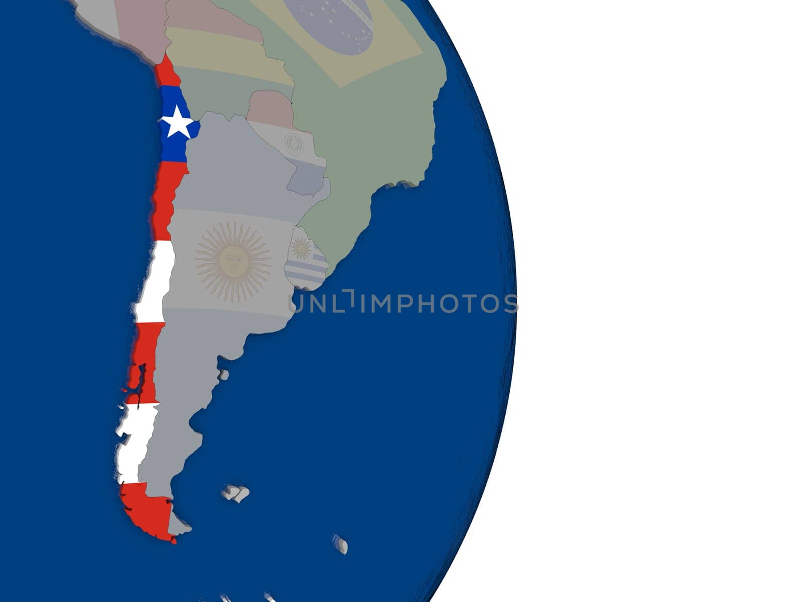 Map of Chile with its flag on globe. 3D illustration
