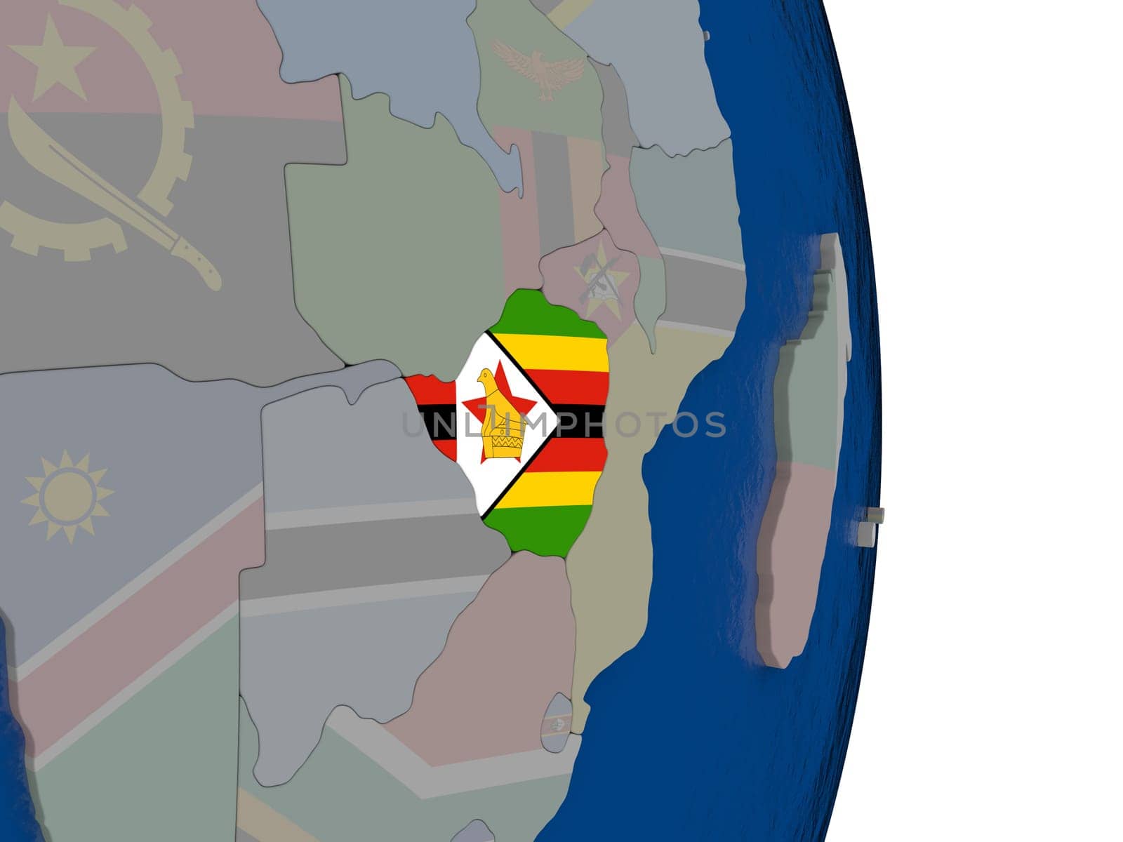 Map of Zimbabwe with its flag on globe. 3D illustration