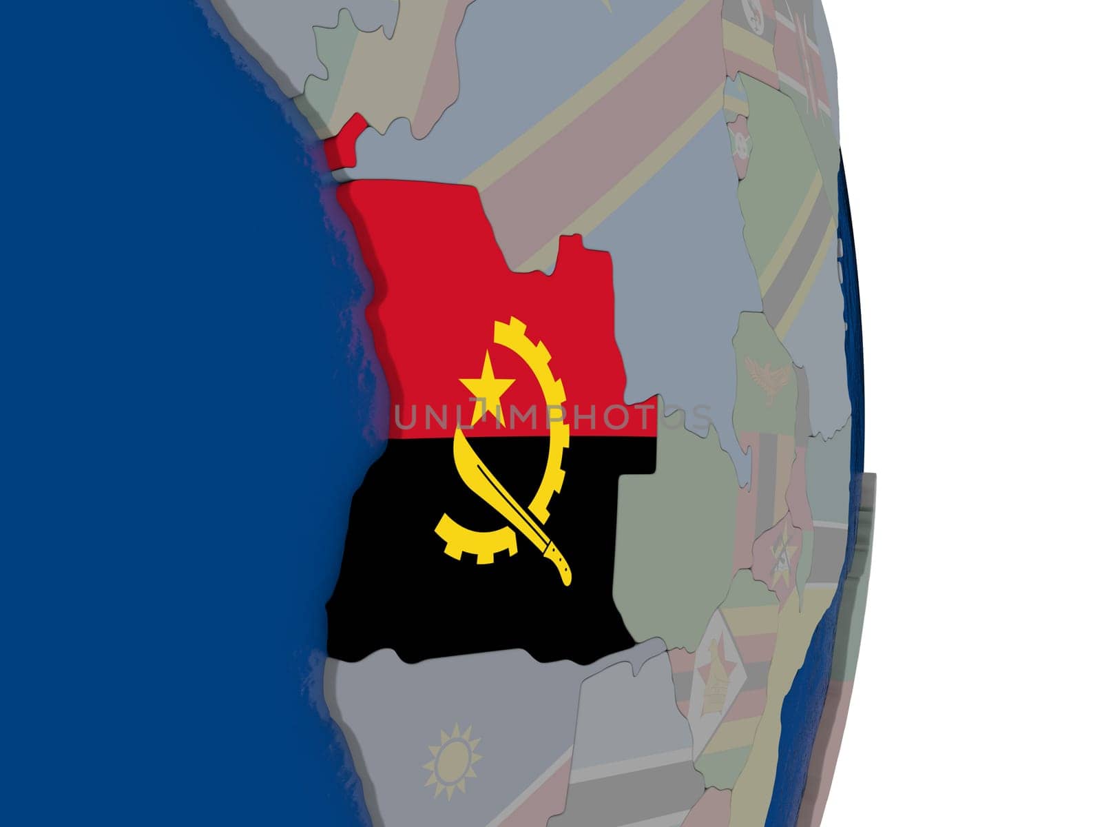Map of Angola with its flag on globe. 3D illustration