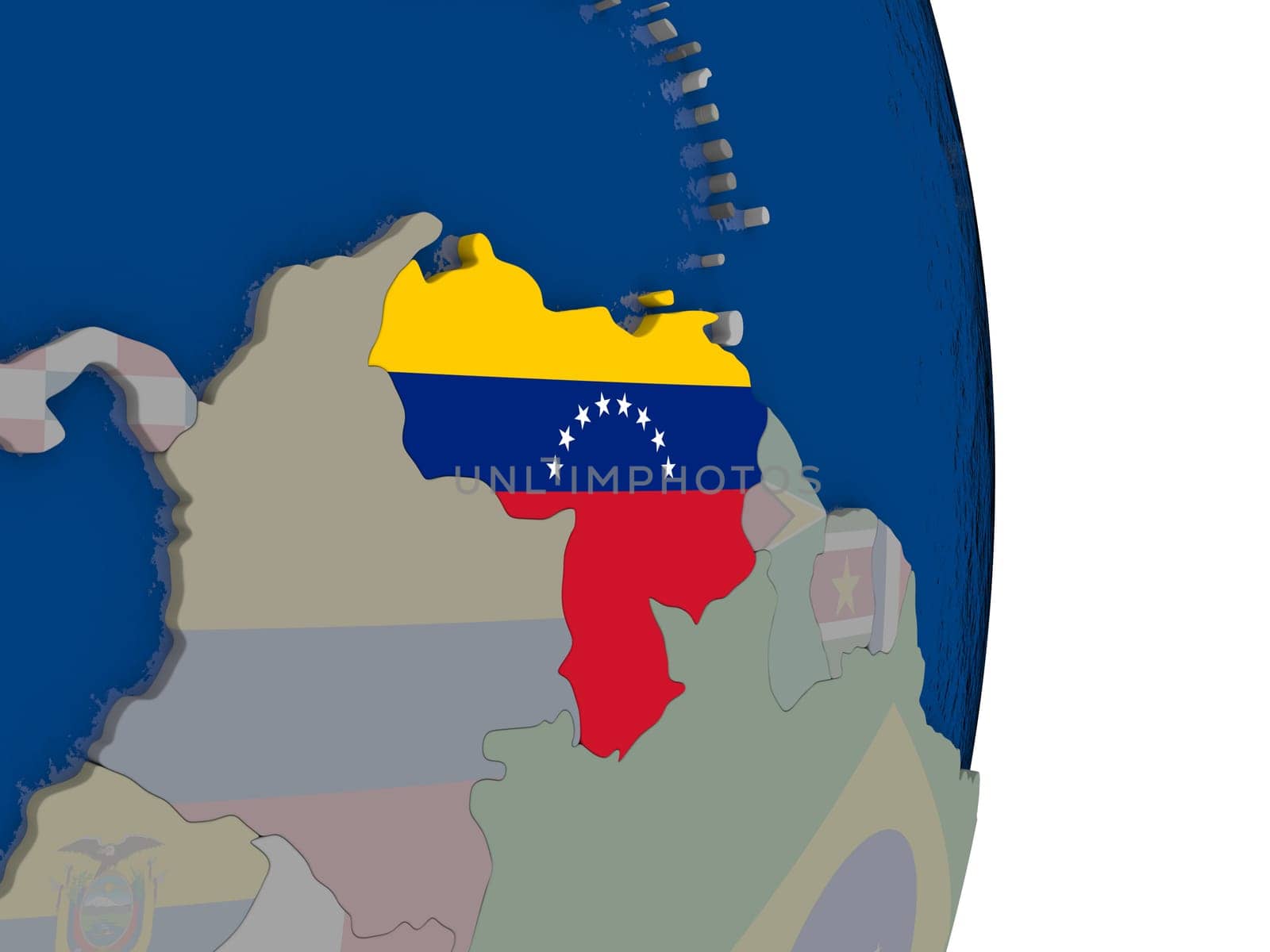 Map of Venezuela with its flag on globe. 3D illustration