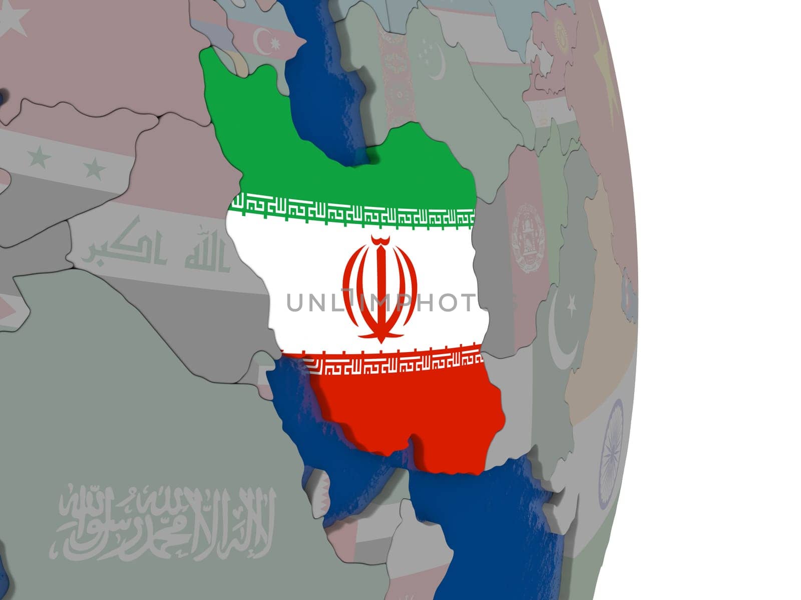 Map of Iran with its flag on globe. 3D illustration