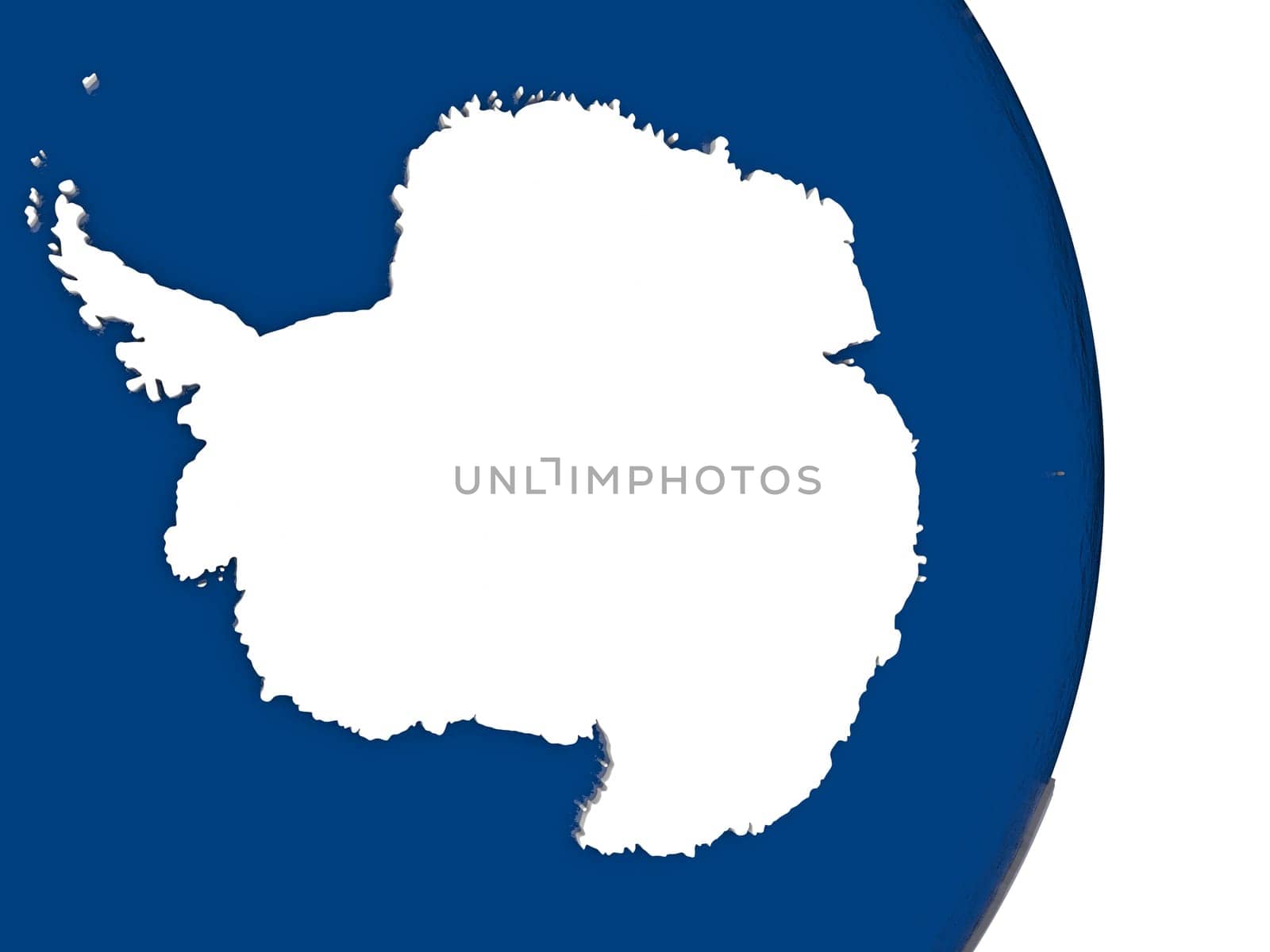 Map of Antarctica with its flag on globe. 3D illustration
