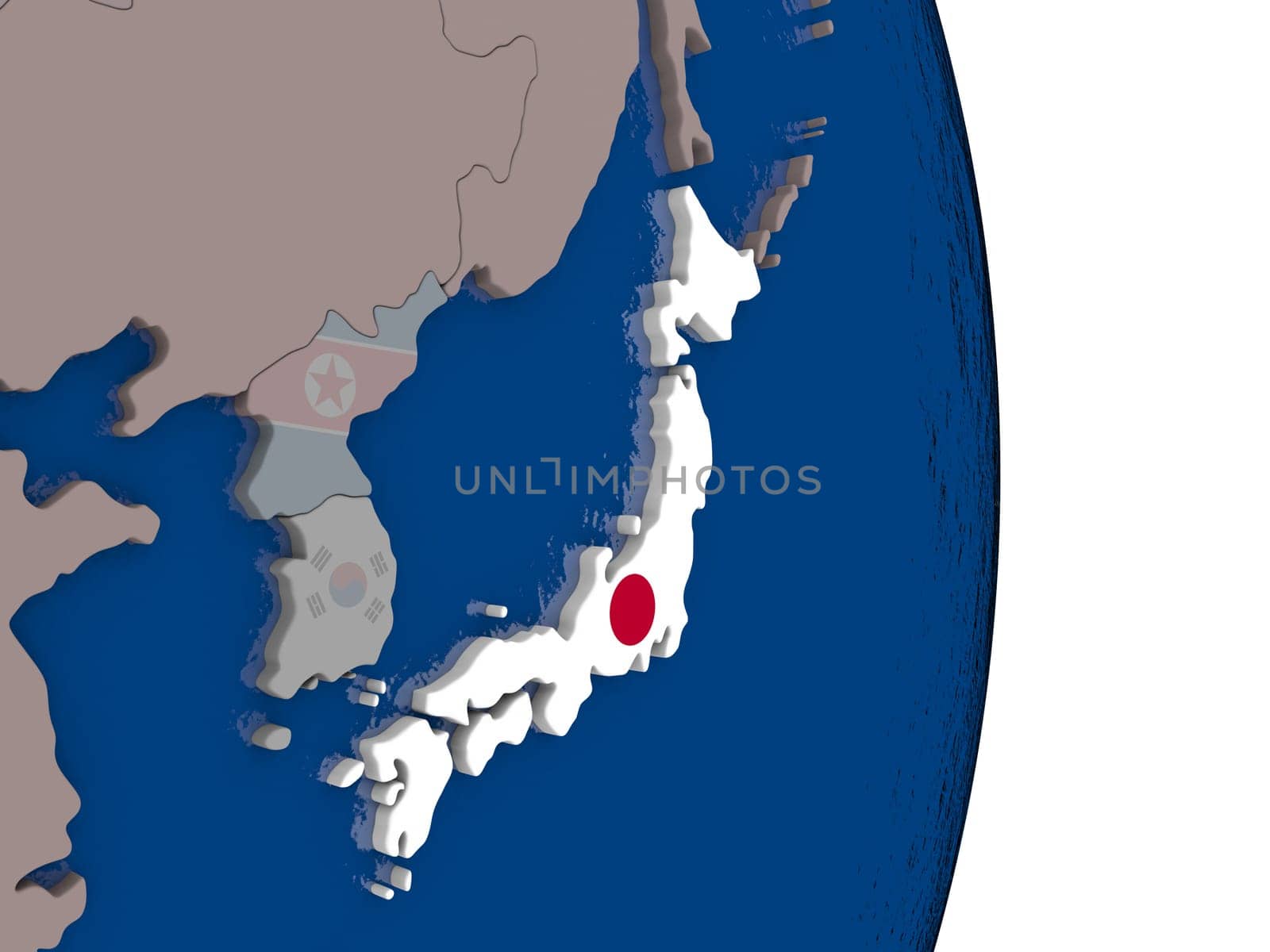 Map of Japan with its flag on globe. 3D illustration