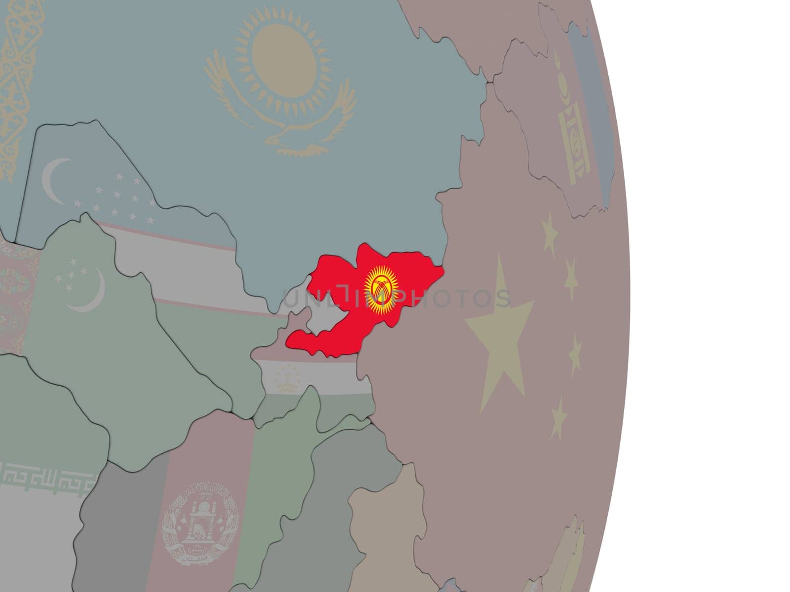 Map of Kyrgyzstan with its flag on globe. 3D illustration