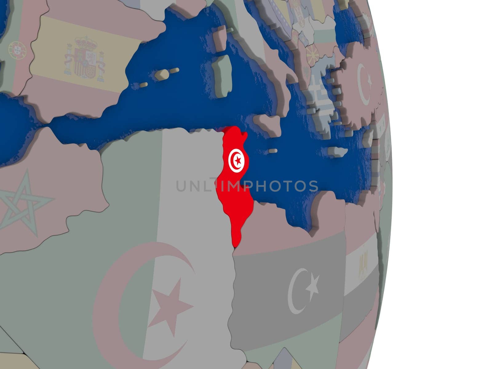 Map of Tunisia with its flag on globe. 3D illustration