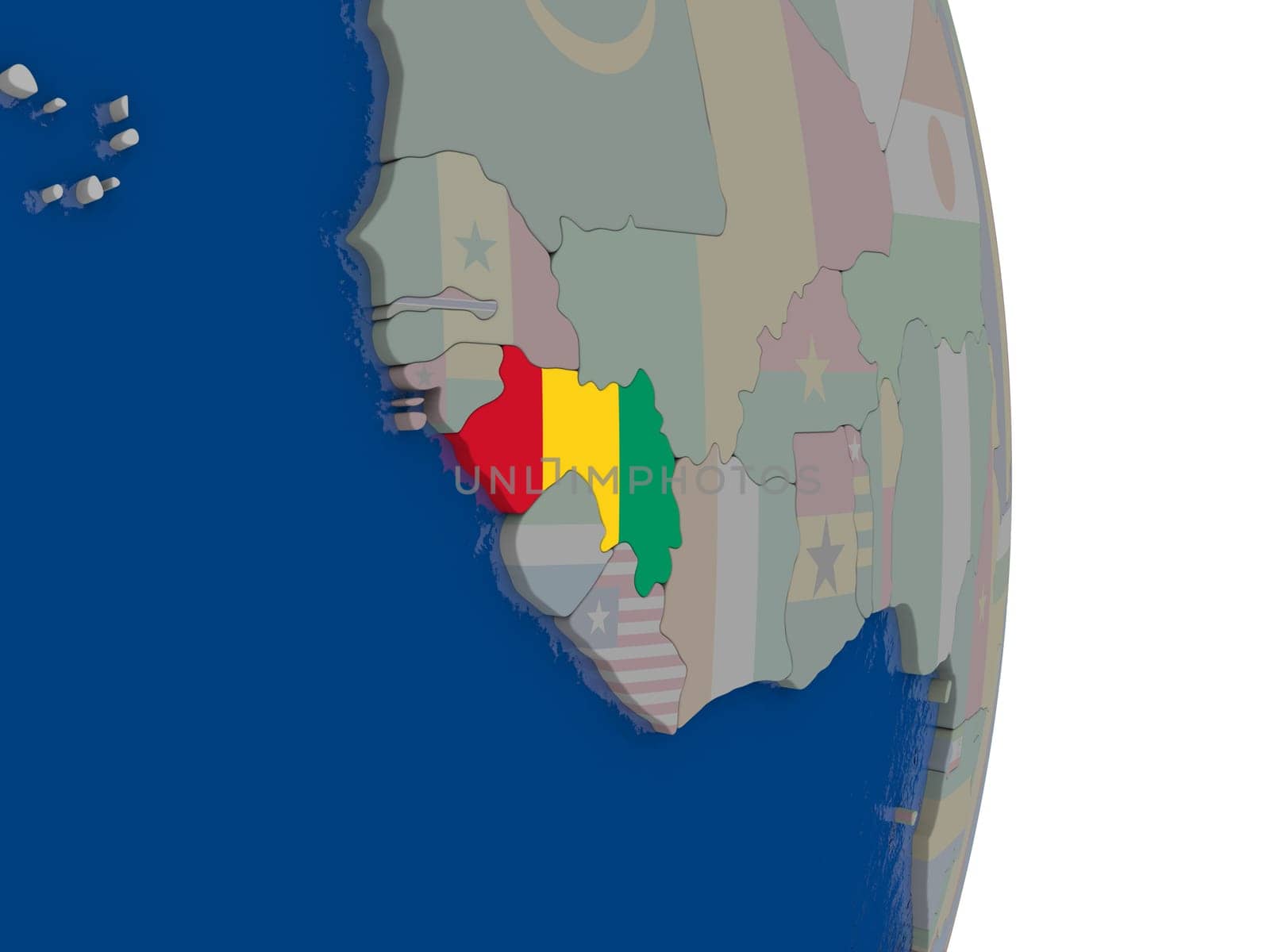 Map of Guinea with its flag on globe. 3D illustration