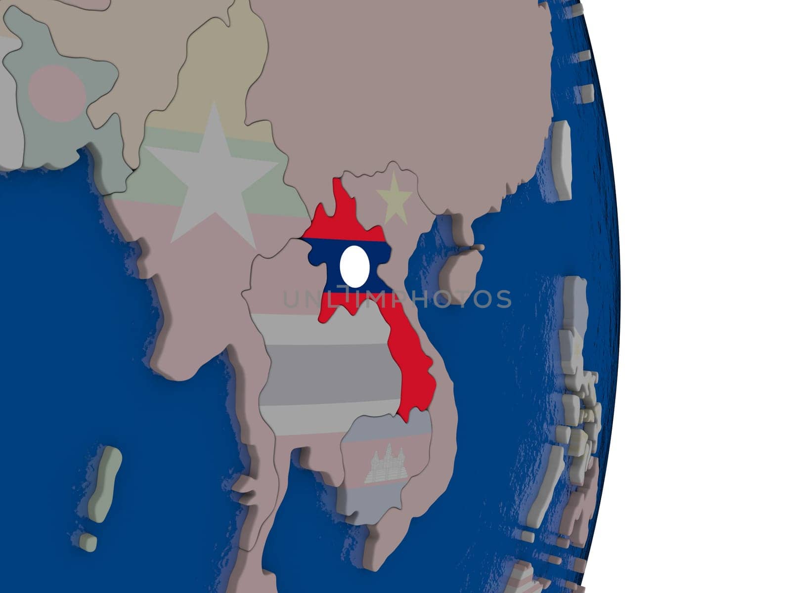 Map of Laos with its flag on globe. 3D illustration