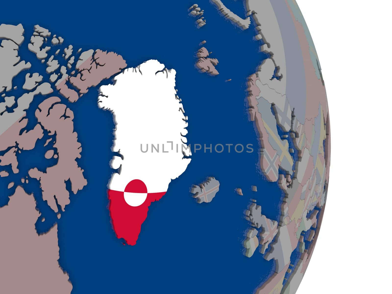Map of Greenland with its flag on globe. 3D illustration