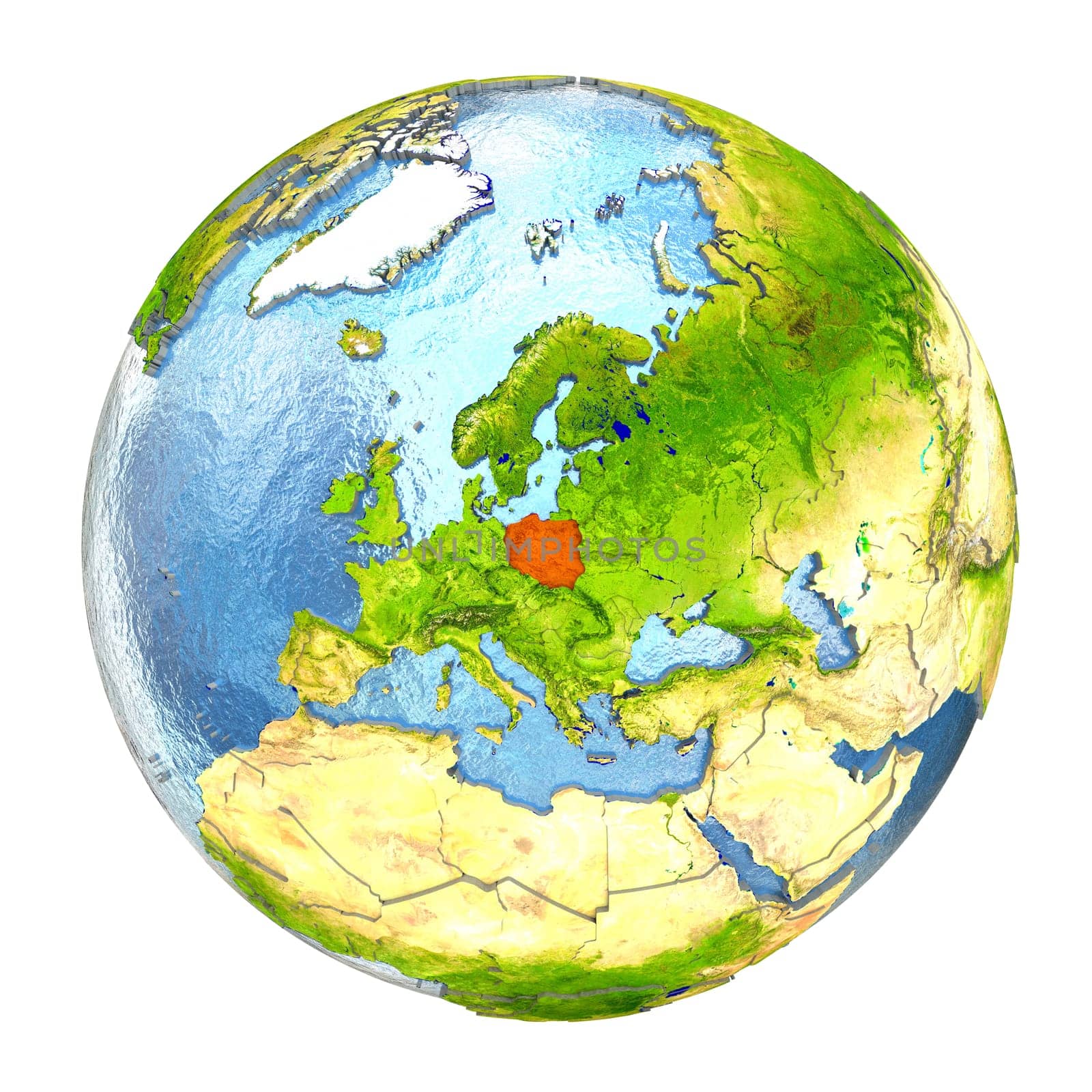 Poland highlighted in red on Earth. 3D illustration with highly detailed realistic planet surface isolated on white background. Elements of this image furnished by NASA.
