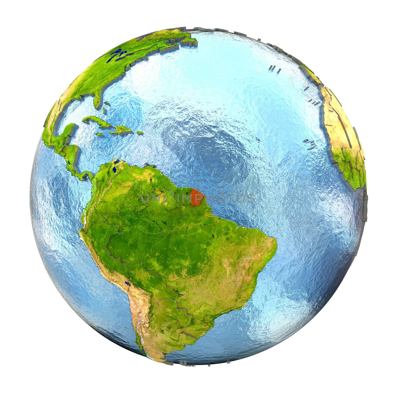 French Guiana highlighted in red on Earth. 3D illustration with highly detailed realistic planet surface isolated on white background. Elements of this image furnished by NASA.