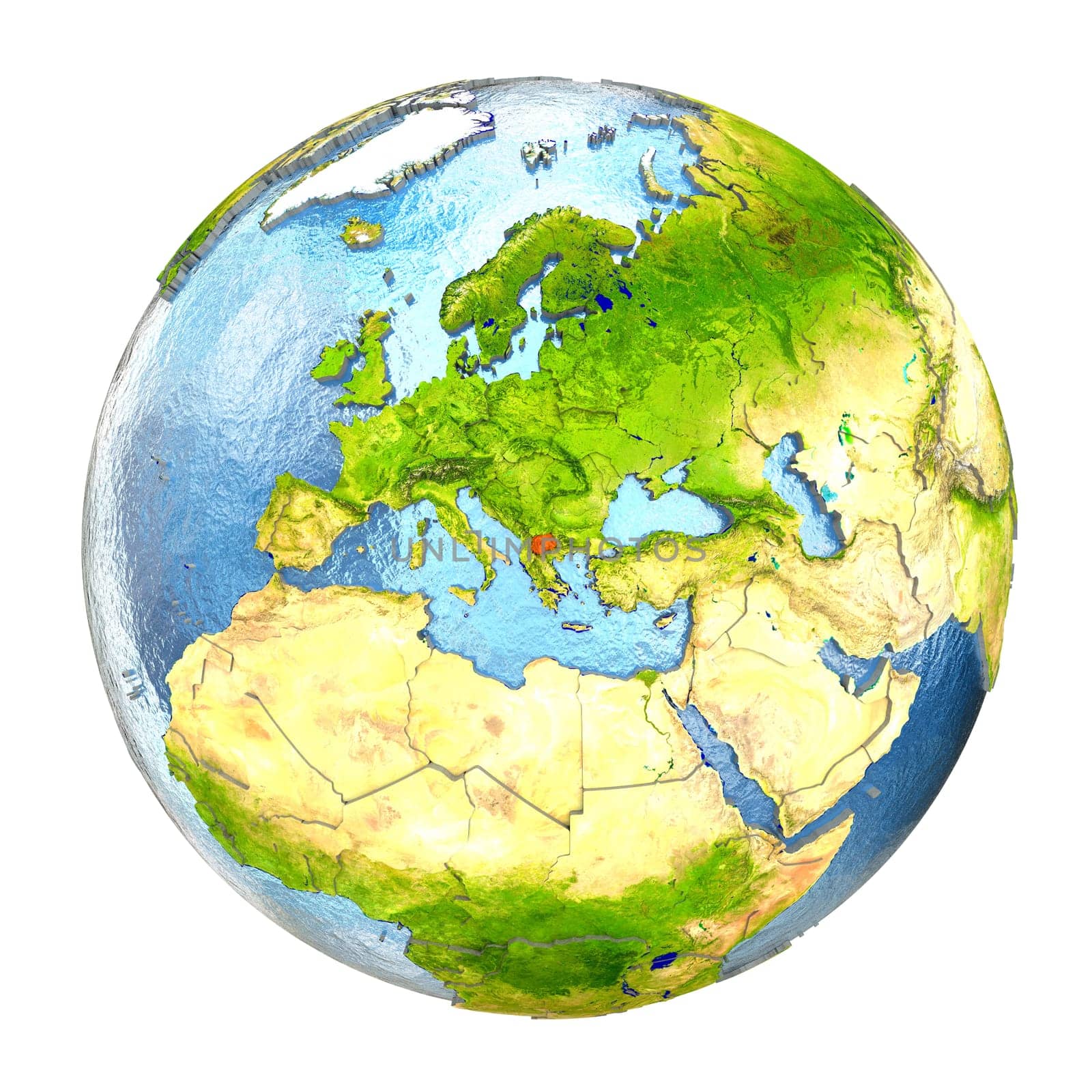 Macedonia highlighted in red on Earth. 3D illustration with highly detailed realistic planet surface isolated on white background. Elements of this image furnished by NASA.