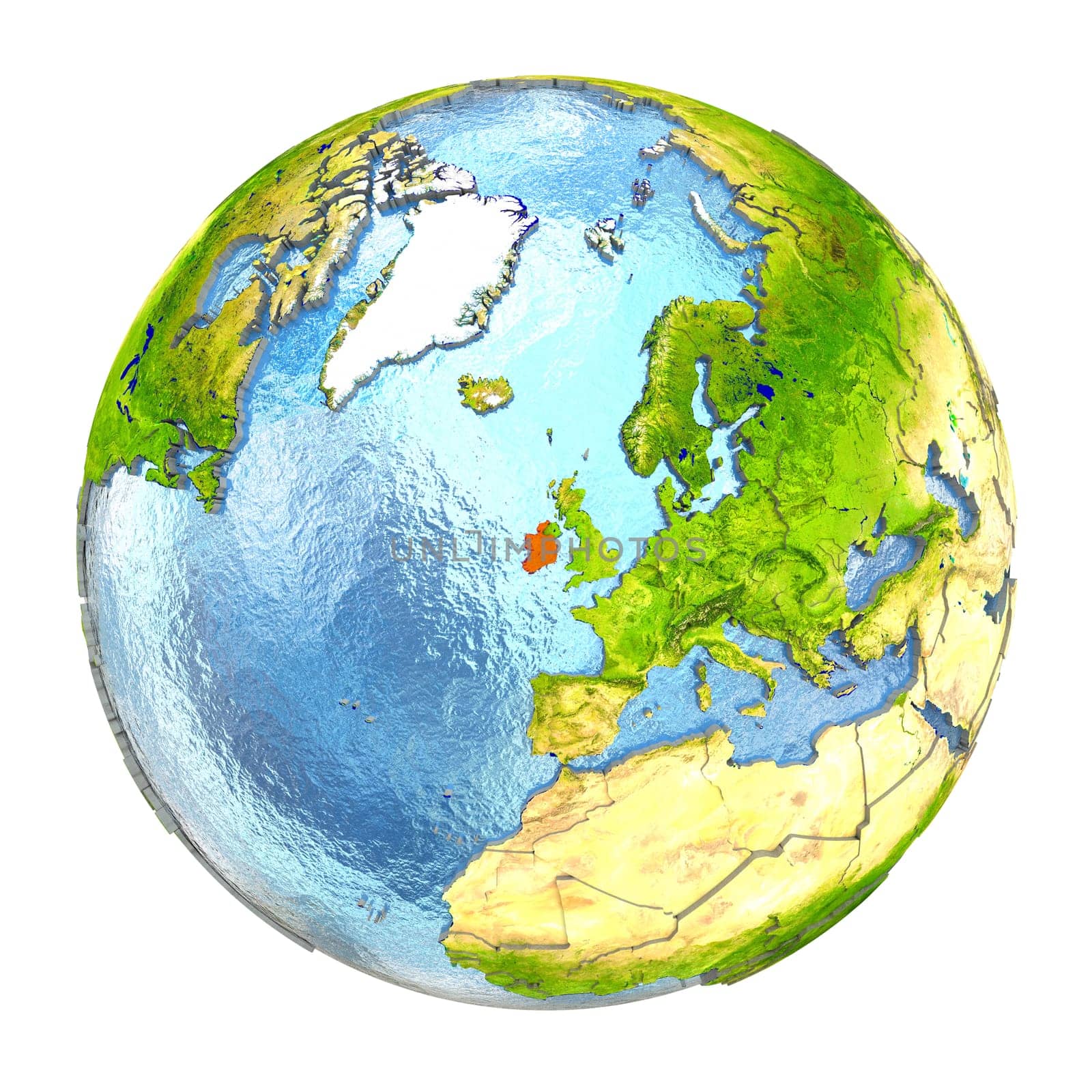 Ireland highlighted in red on Earth. 3D illustration with highly detailed realistic planet surface isolated on white background. Elements of this image furnished by NASA.