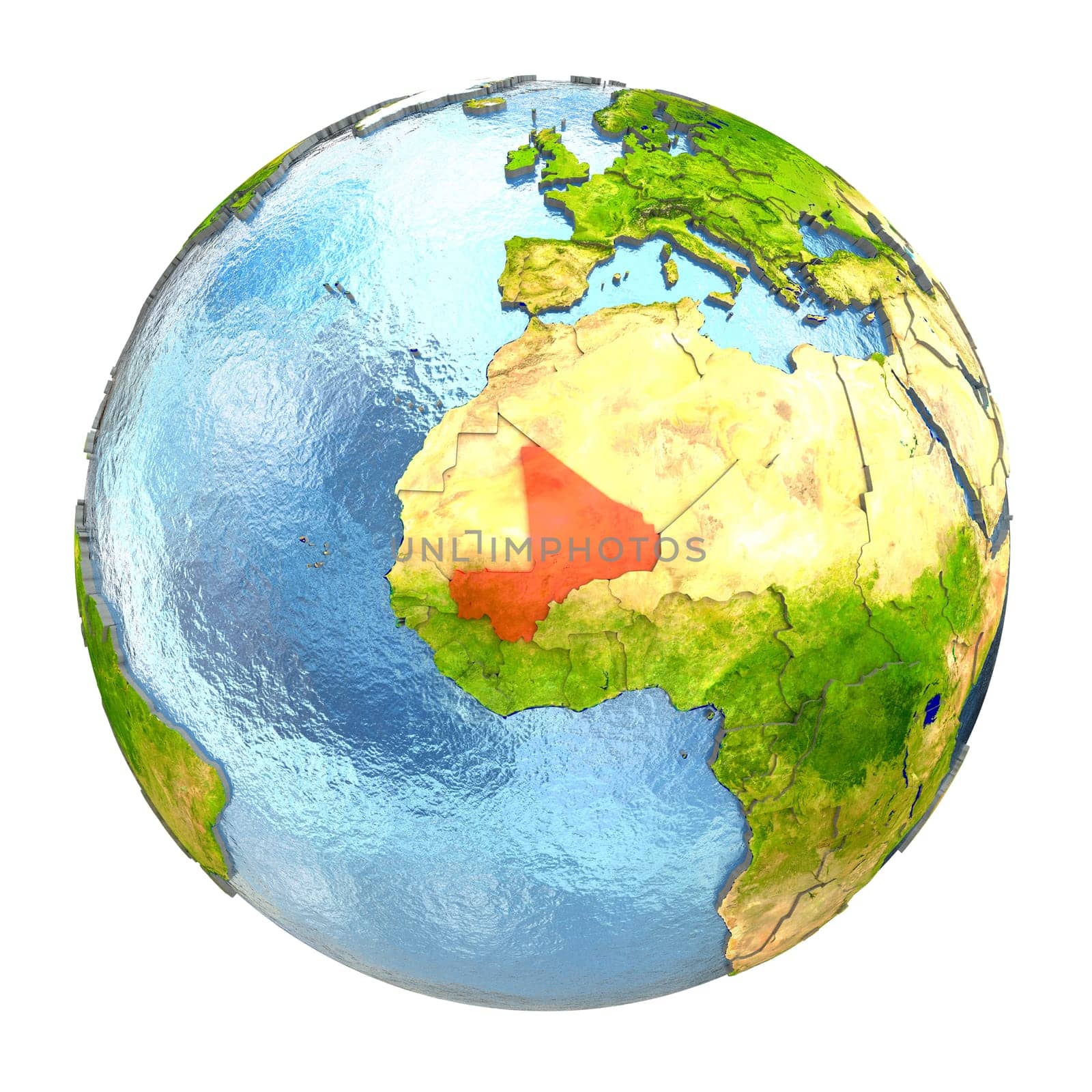 Mali highlighted in red on Earth. 3D illustration with highly detailed realistic planet surface isolated on white background. Elements of this image furnished by NASA.
