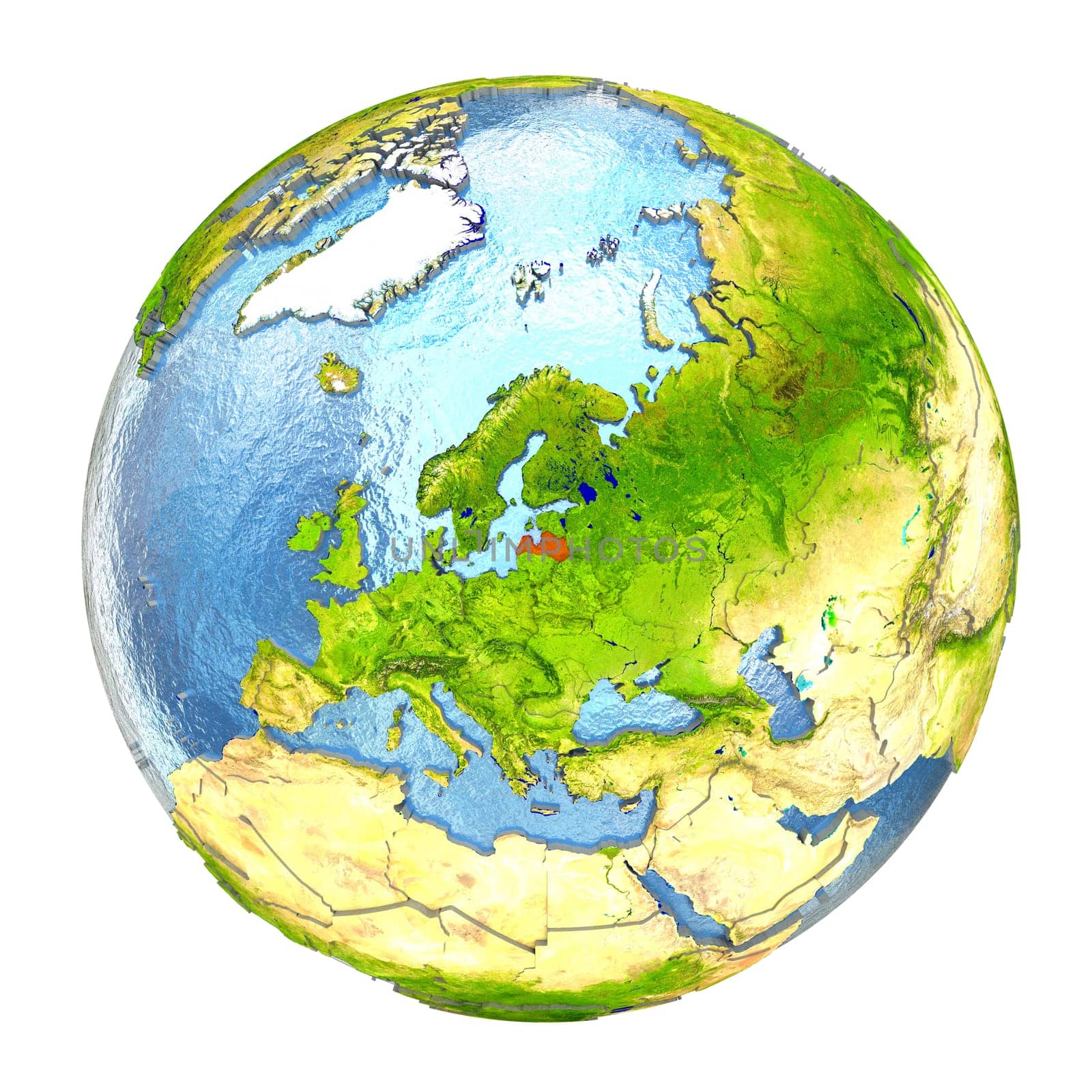 Latvia highlighted in red on Earth. 3D illustration with highly detailed realistic planet surface isolated on white background. Elements of this image furnished by NASA.