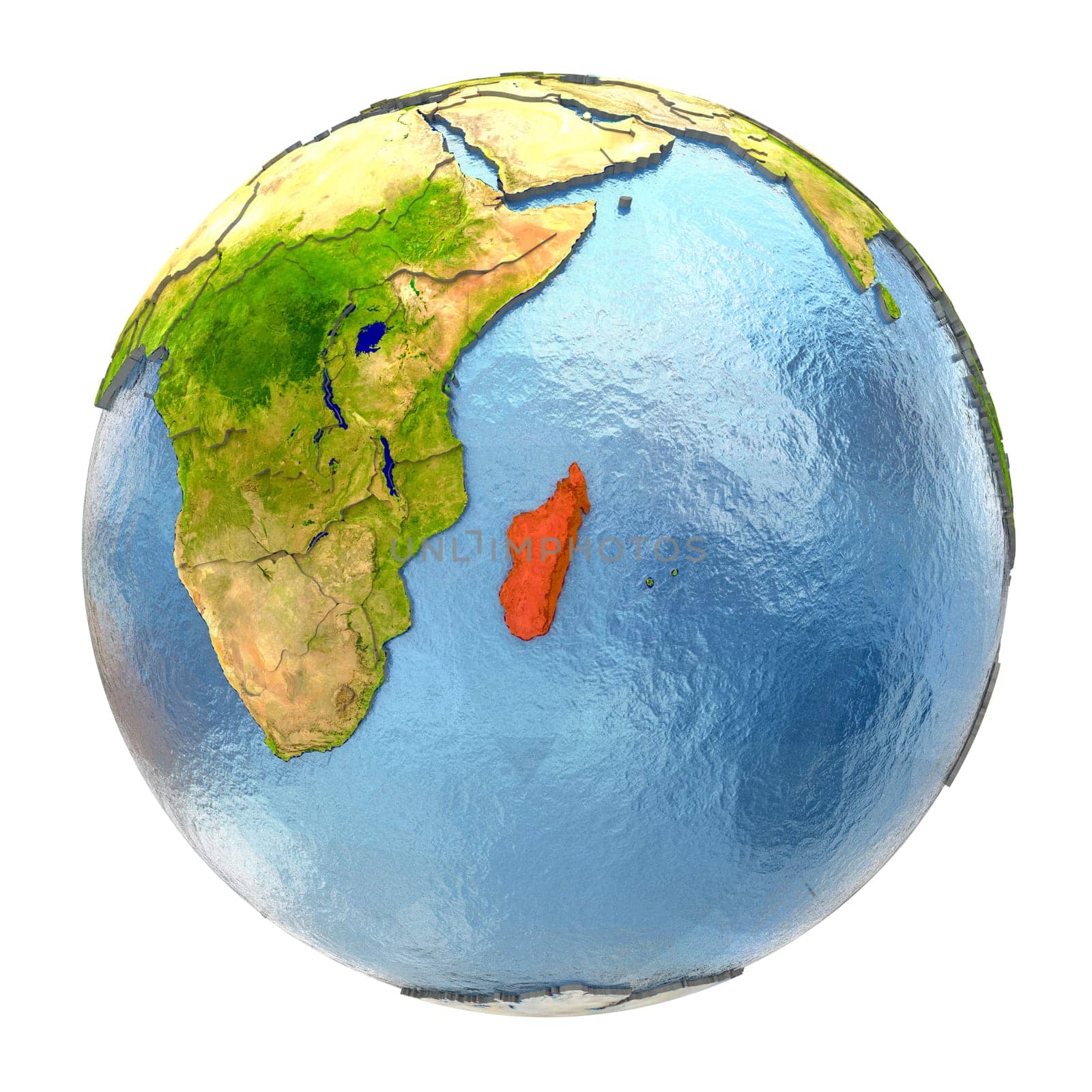Madagascar highlighted in red on Earth. 3D illustration with highly detailed realistic planet surface isolated on white background. Elements of this image furnished by NASA.