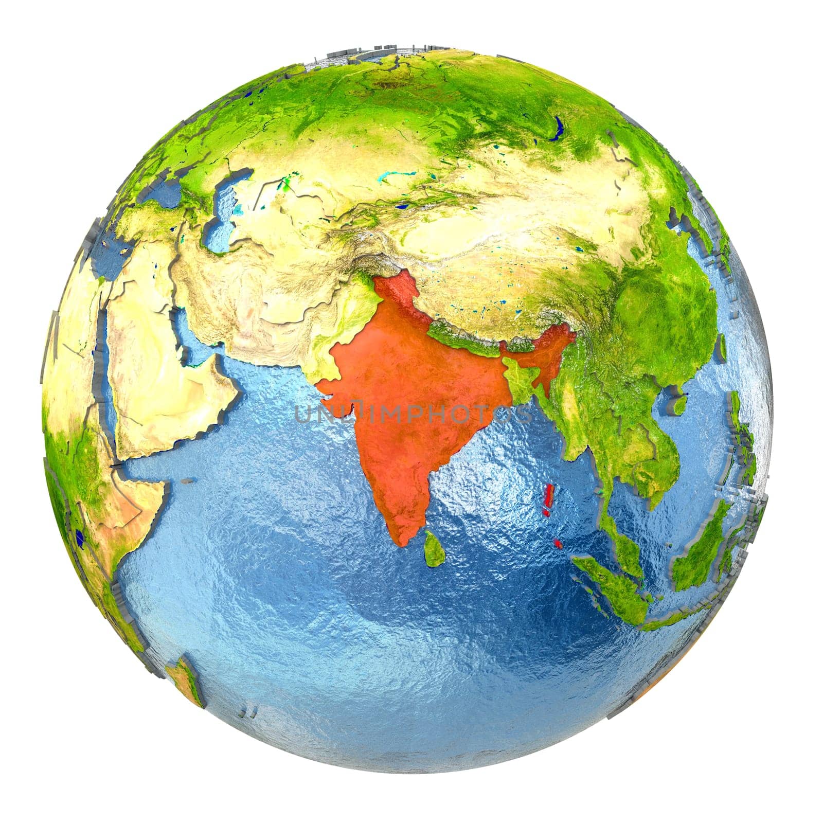 India highlighted in red on Earth. 3D illustration with highly detailed realistic planet surface isolated on white background. Elements of this image furnished by NASA.
