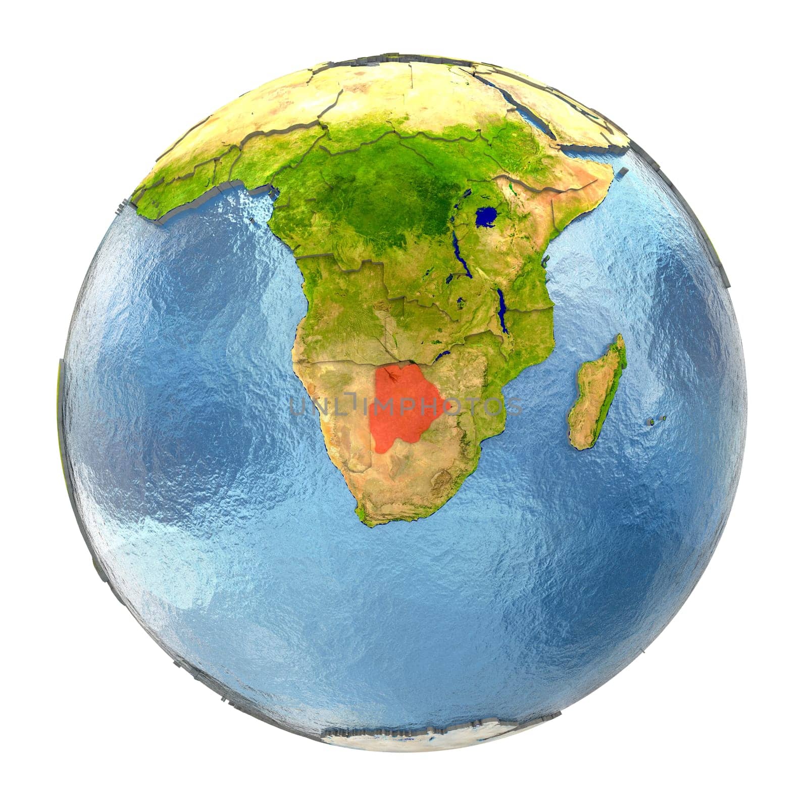 Botswana highlighted in red on Earth. 3D illustration with highly detailed realistic planet surface isolated on white background. Elements of this image furnished by NASA.