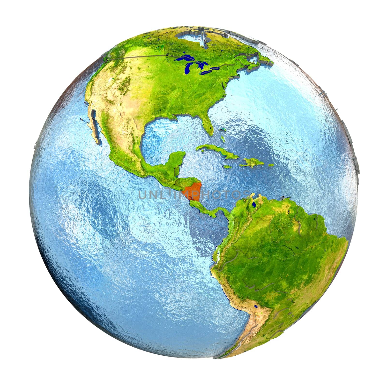 Nicaragua highlighted in red on Earth. 3D illustration with highly detailed realistic planet surface isolated on white background. Elements of this image furnished by NASA.
