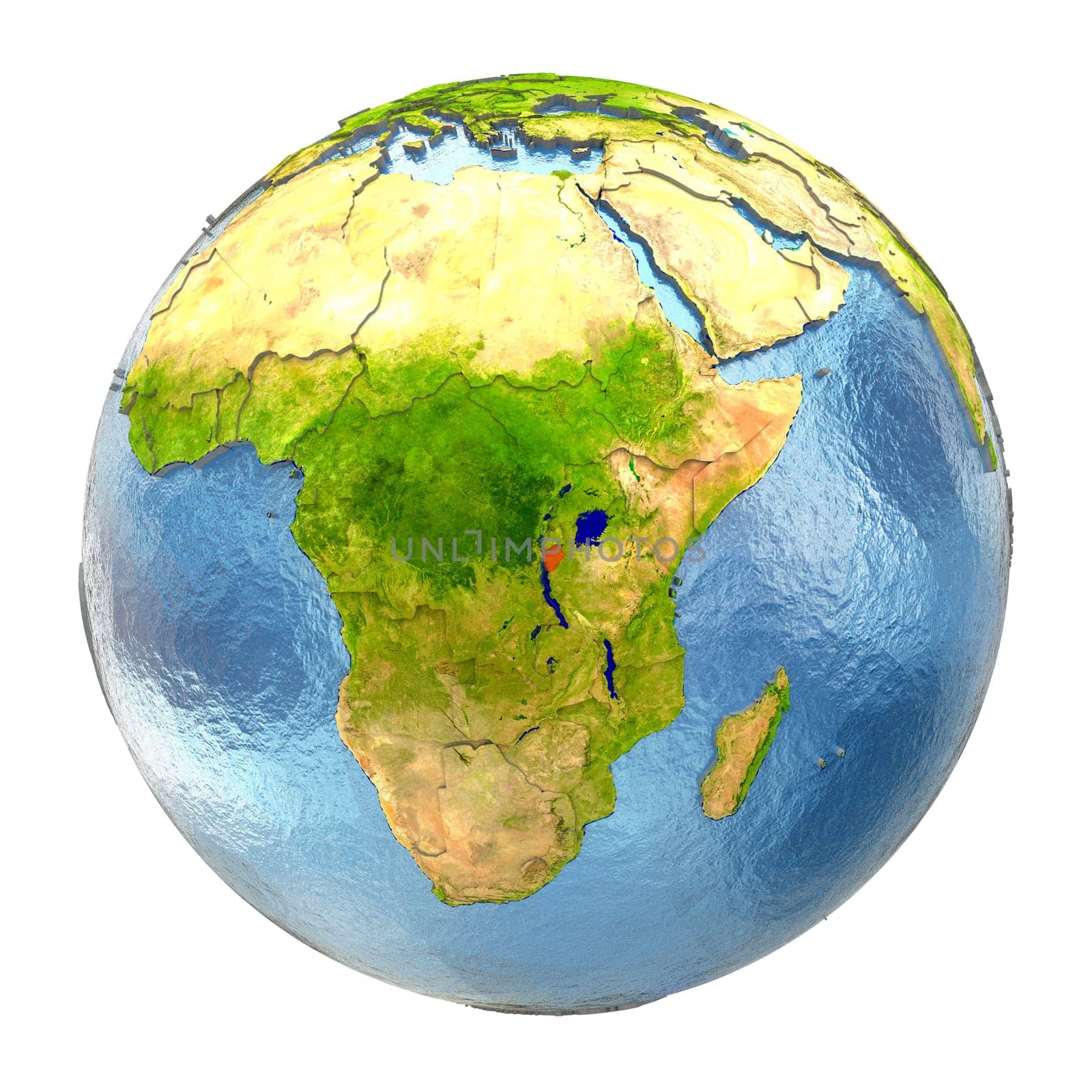 Burundi highlighted in red on Earth. 3D illustration with highly detailed realistic planet surface isolated on white background. Elements of this image furnished by NASA.