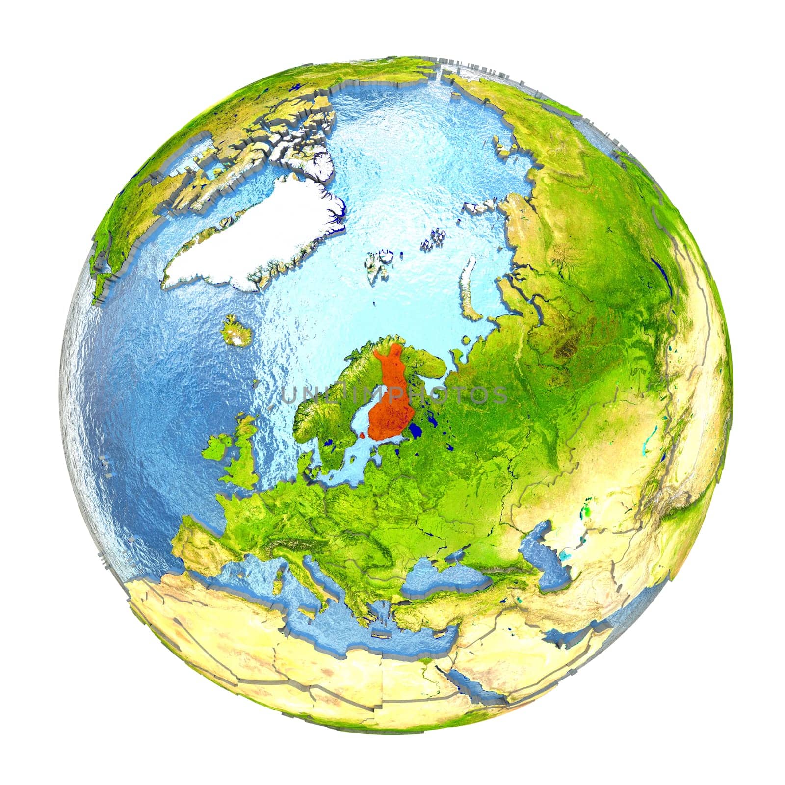 Finland highlighted in red on Earth. 3D illustration with highly detailed realistic planet surface isolated on white background. Elements of this image furnished by NASA.