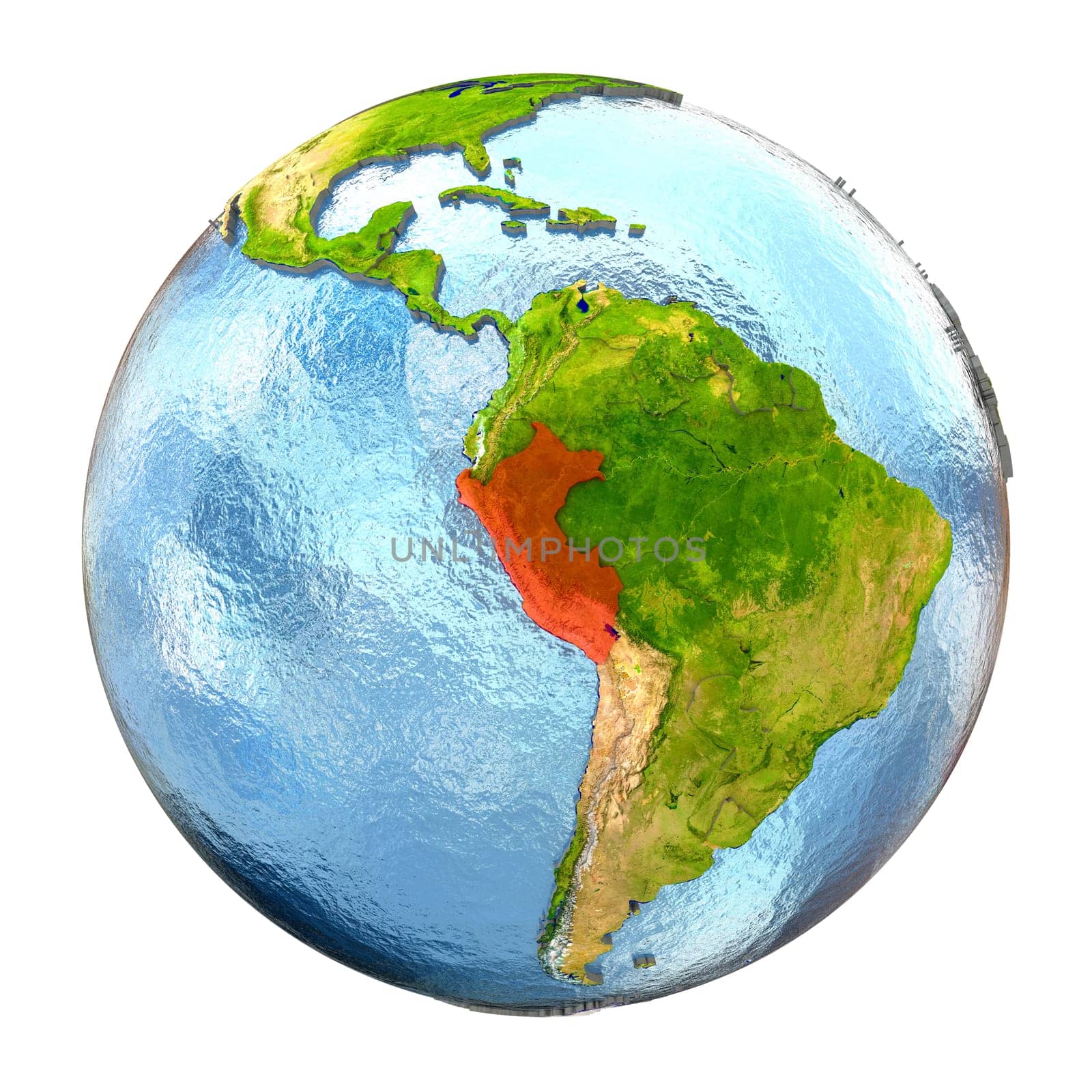 Peru highlighted in red on Earth. 3D illustration with highly detailed realistic planet surface isolated on white background. Elements of this image furnished by NASA.