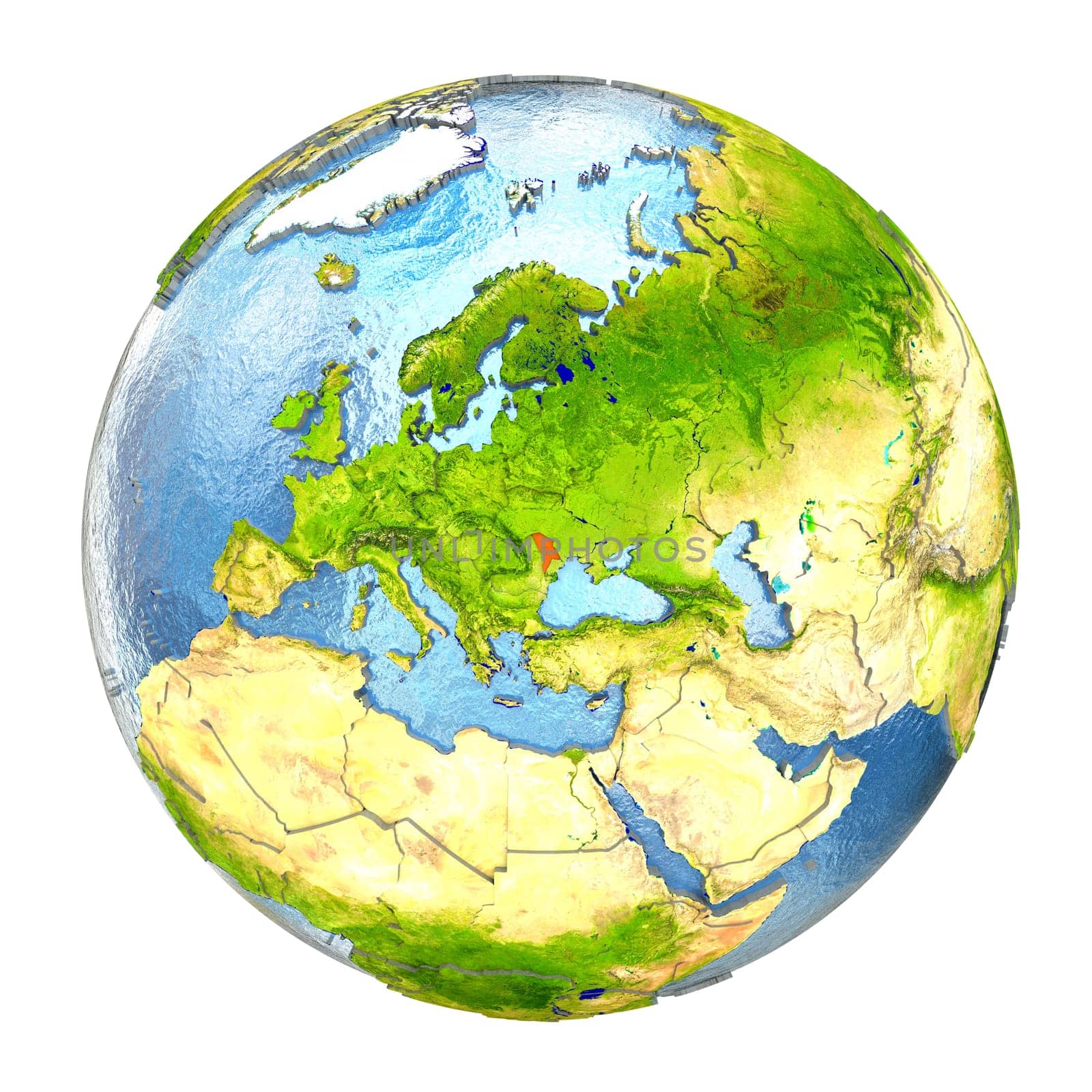 Moldova highlighted in red on Earth. 3D illustration with highly detailed realistic planet surface isolated on white background. Elements of this image furnished by NASA.